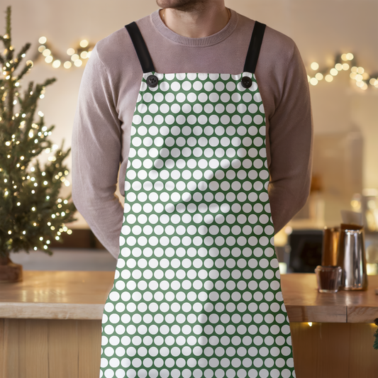 White Polka Dot on Green Holiday Apron | Lightweight 100% Polyester Twill, Detachable Black Twill Straps