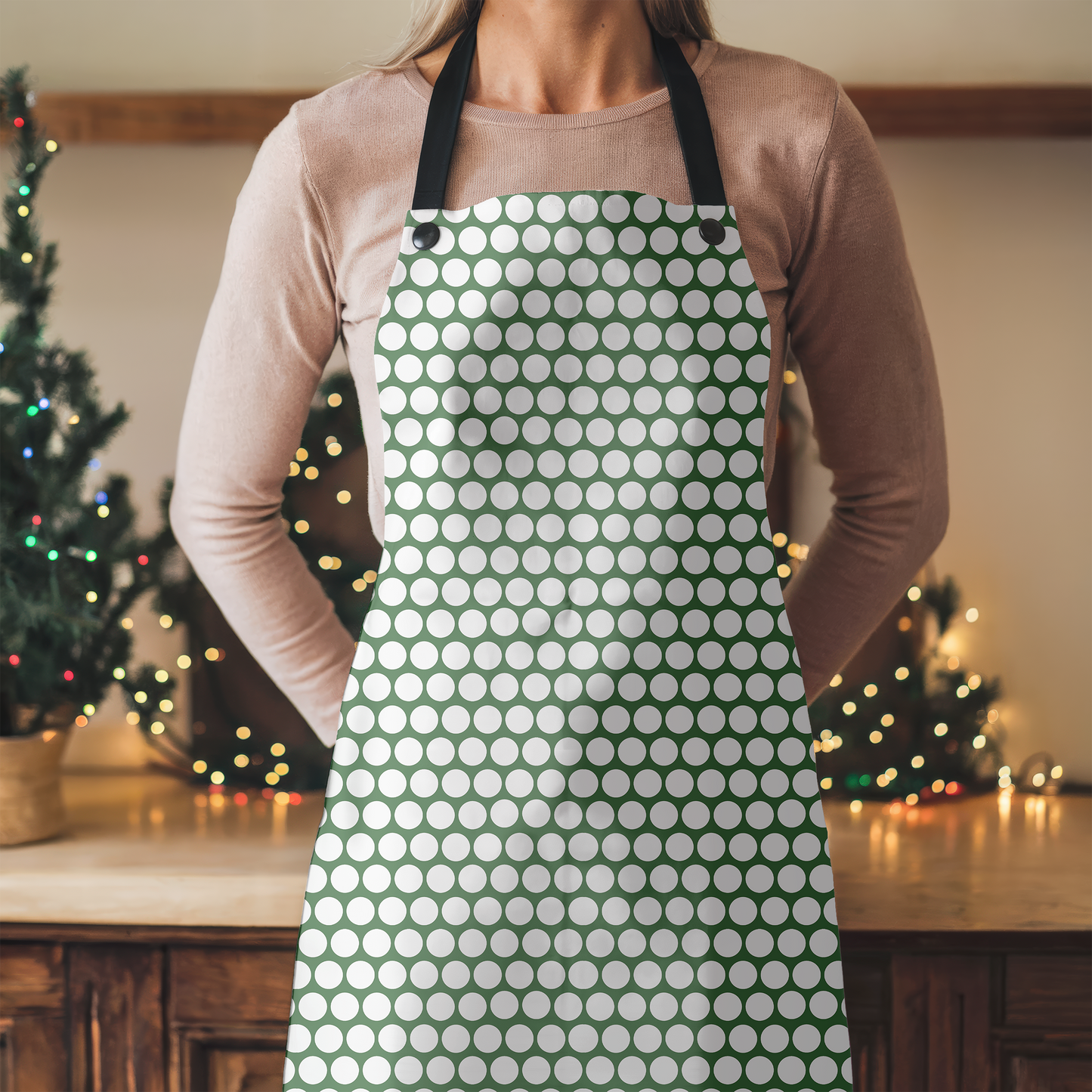 White Polka Dot on Green Holiday Apron | Lightweight 100% Polyester Twill, Detachable Black Twill Straps