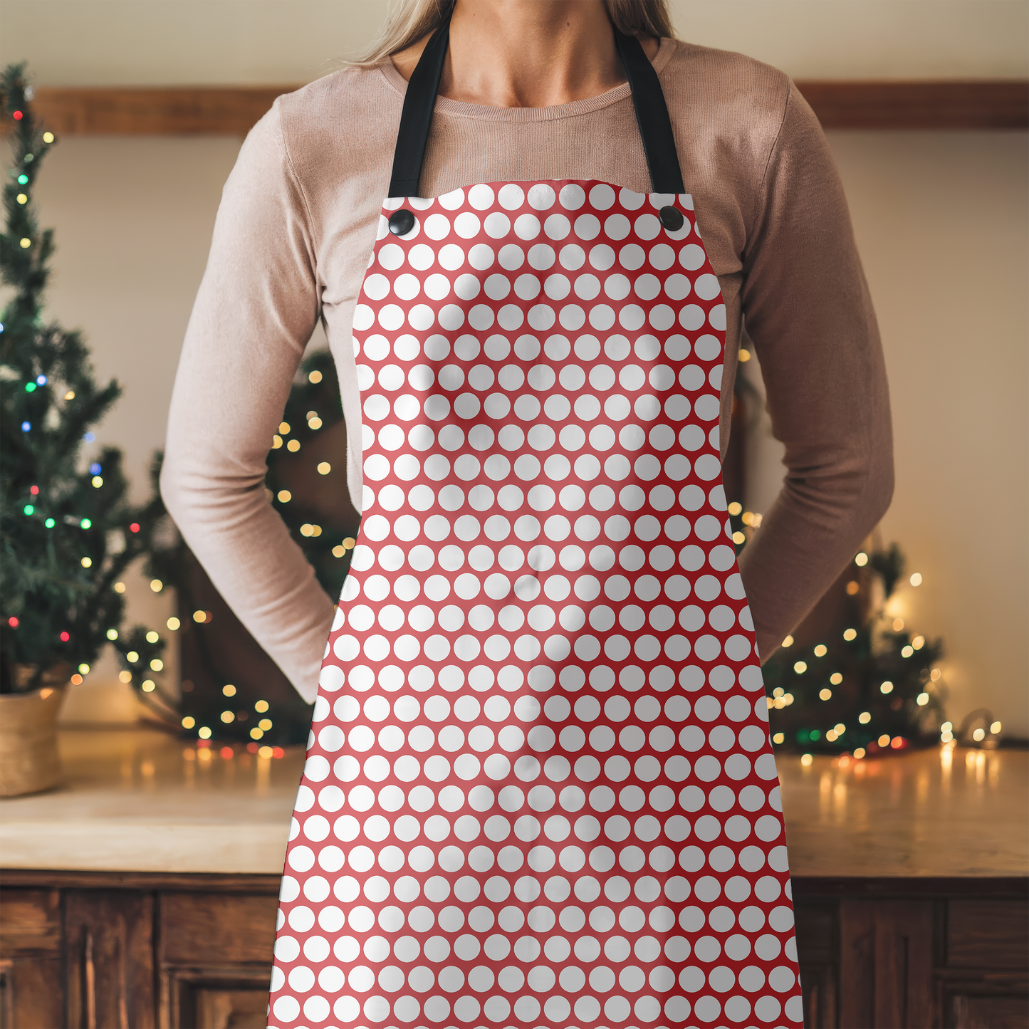 White Polka Dot on Red Holiday Apron | Lightweight 100% Polyester Twill, Detachable Black Twill Straps