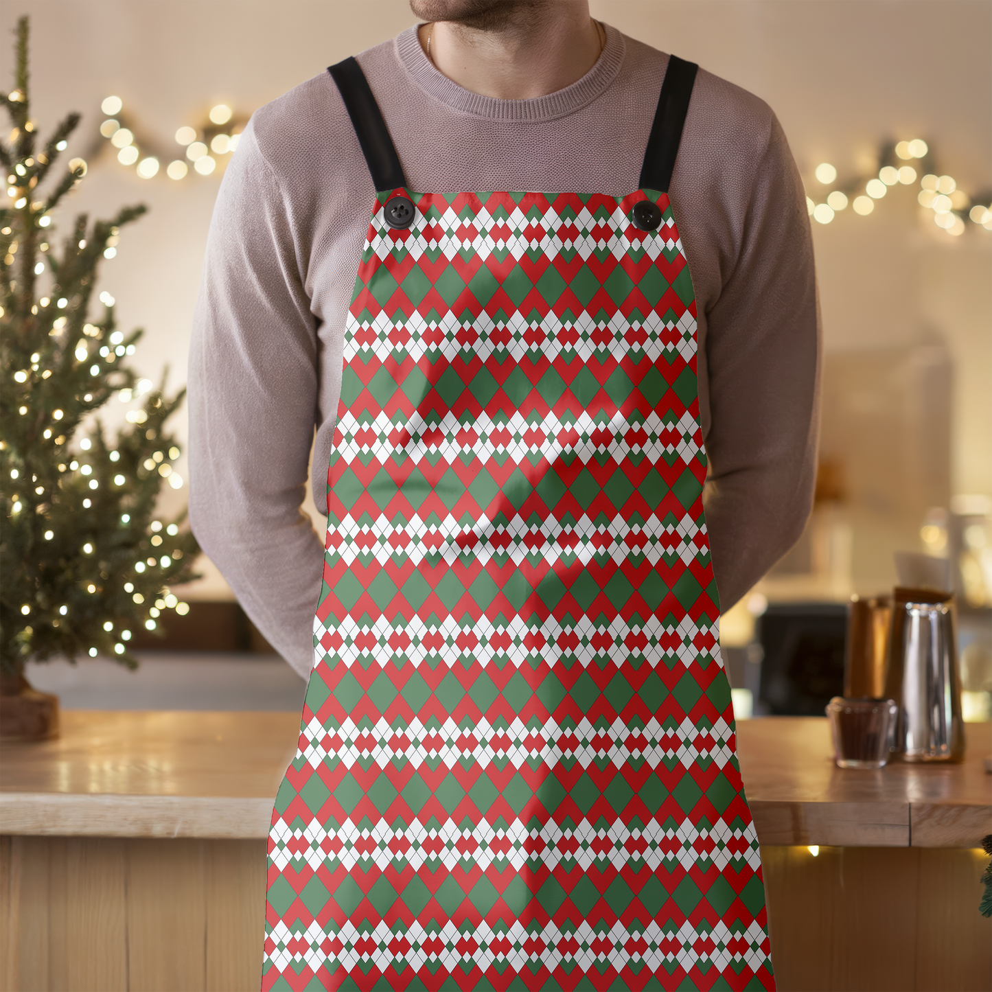 Extra Argyle Holiday Apron | Lightweight 100% Polyester Twill, Detachable Black Twill Straps