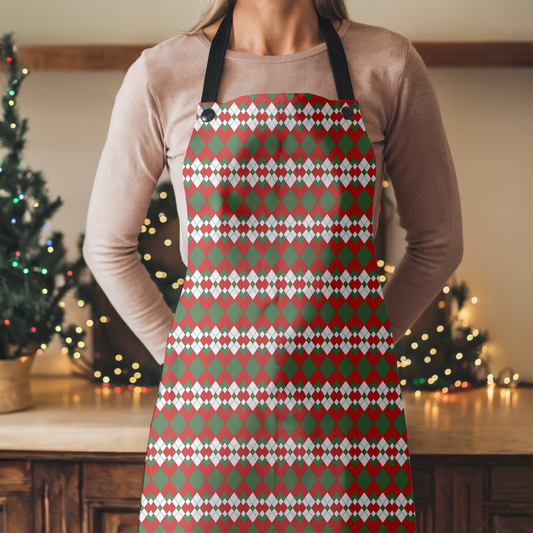 Extra Argyle Holiday Apron | Lightweight 100% Polyester Twill, Detachable Black Twill Straps