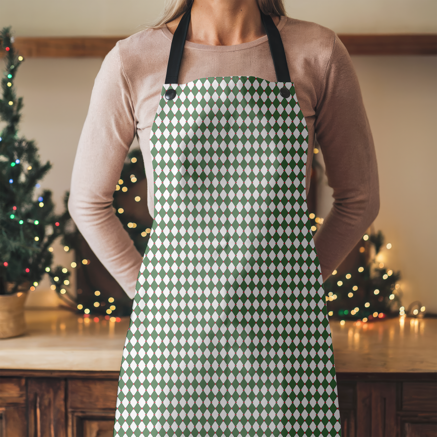Nutcracker Drummer Green Argyle Holiday Apron | Lightweight 100% Polyester Twill