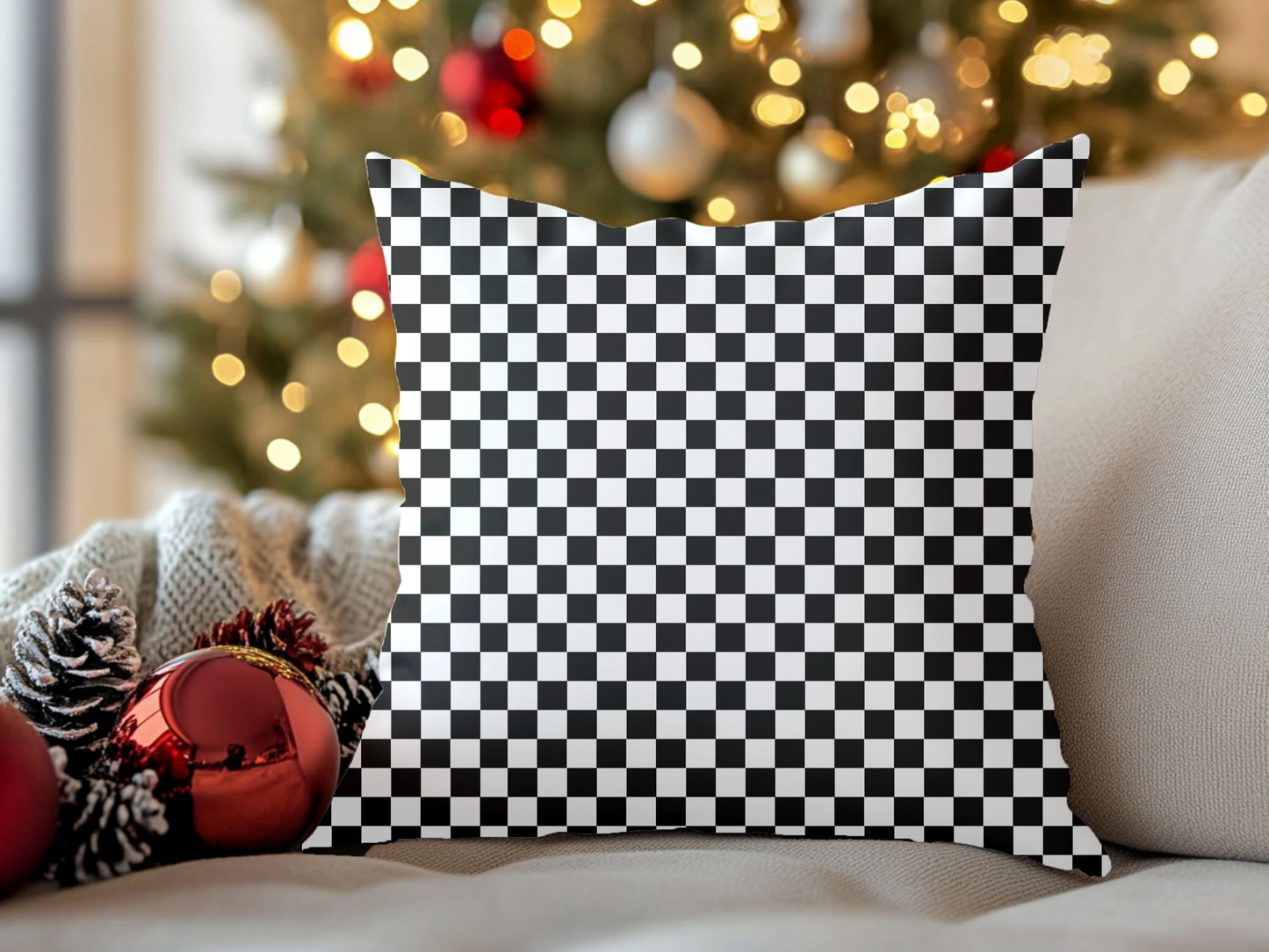 Black & White Check Christmas Decorative Pillow | Double‑Sided Poly Canvas Cushion, Vibrant Holiday Décor, 5 Sizes