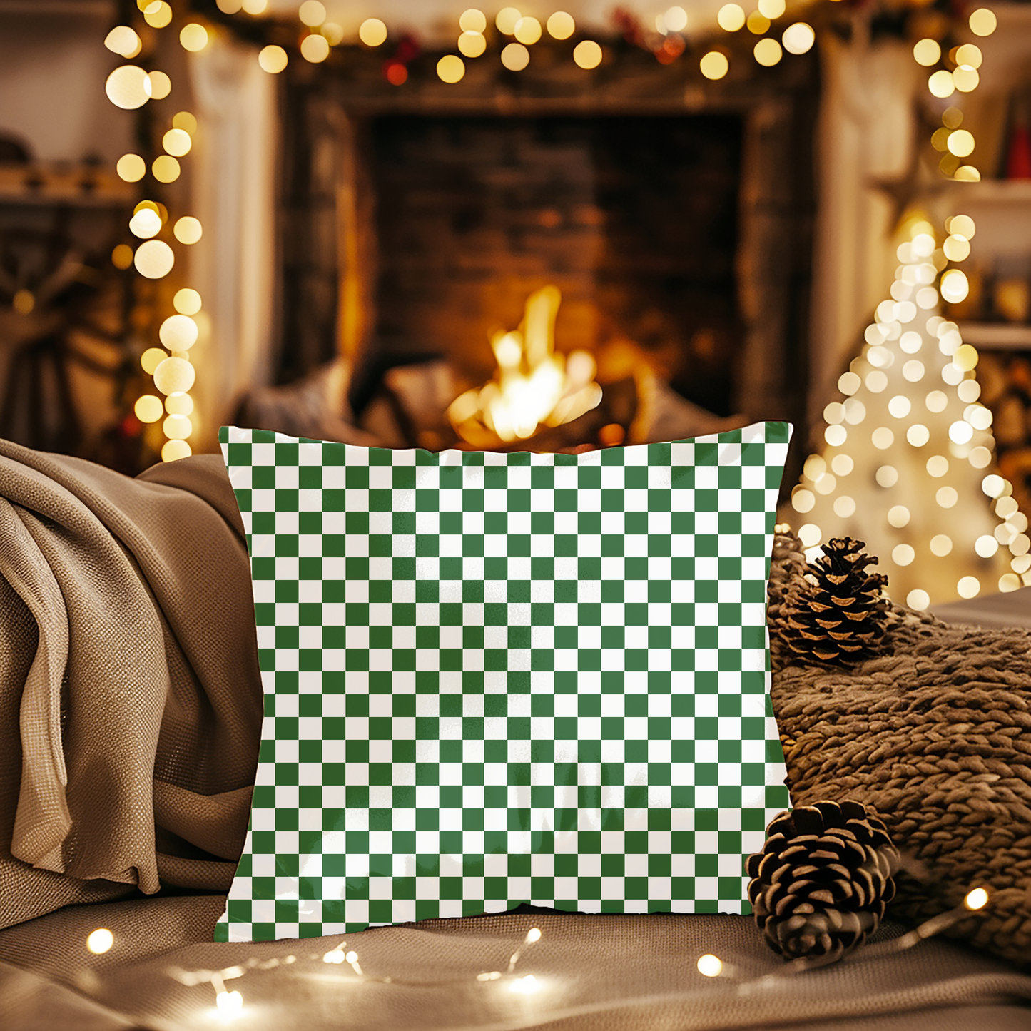 Green & White Check Christmas Decorative Pillow | Double‑Sided Poly Canvas Cushion, Vibrant Holiday Décor, 5 Sizes
