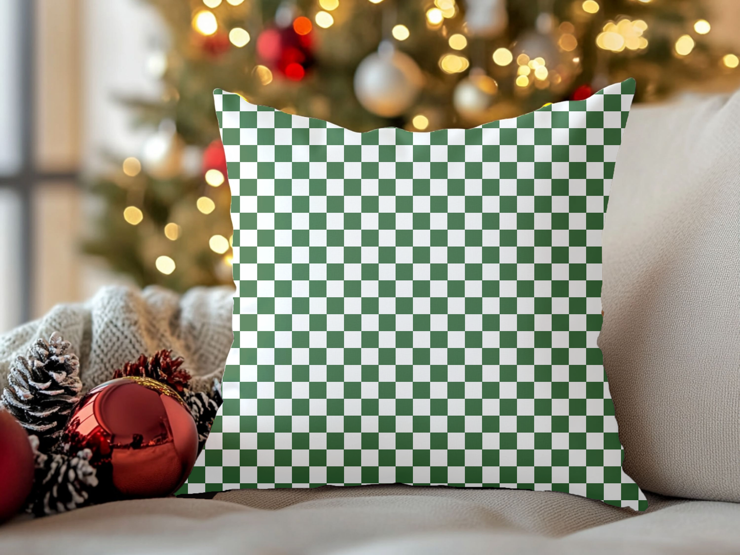 Green & White Check Christmas Decorative Pillow | Double‑Sided Poly Canvas Cushion, Vibrant Holiday Décor, 5 Sizes