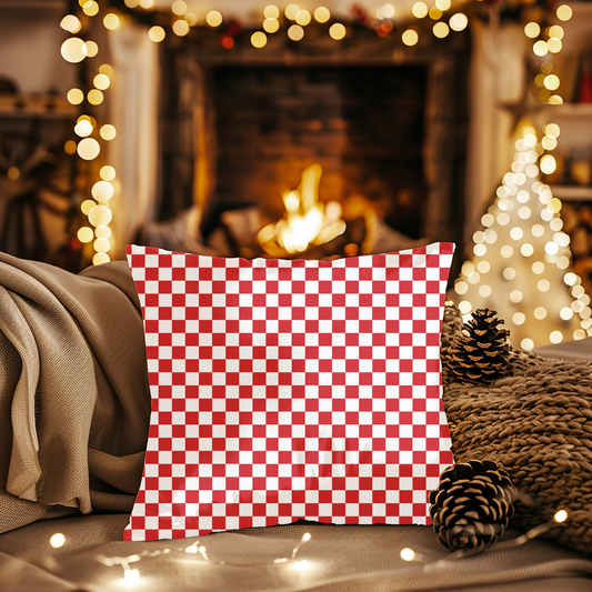 Red Check Checkered Pillow | Square Poly Canvas Home Decor, Throw Cushion for Living Room, Modern Bedroom, Wedding Gift