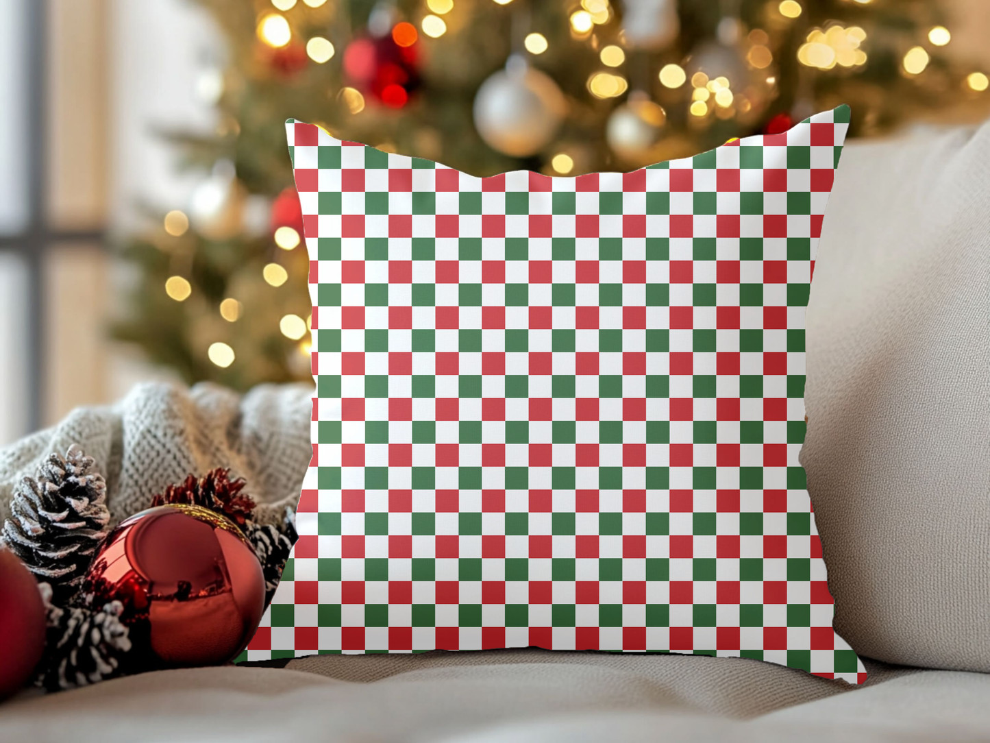 Red Green & White Gingham Christmas Decorative Pillow | Double‑Sided Poly Canvas Cushion, 5 Sizes, Vibrant Holiday Décor