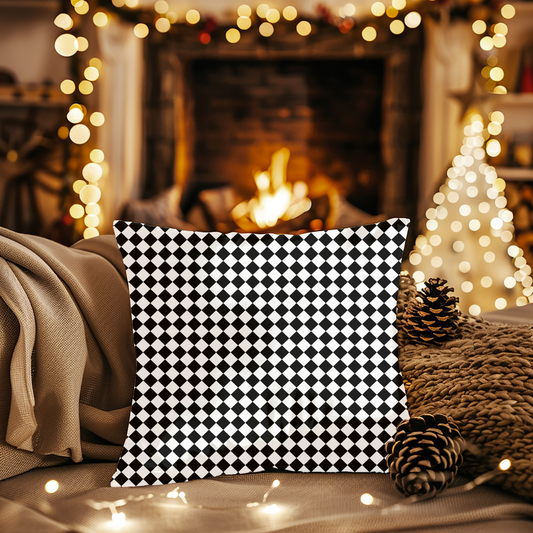 Black & White Argyle Christmas Decorative Pillow | Double‑Sided Poly Canvas Cushion, Vibrant Holiday Décor, 5 Sizes
