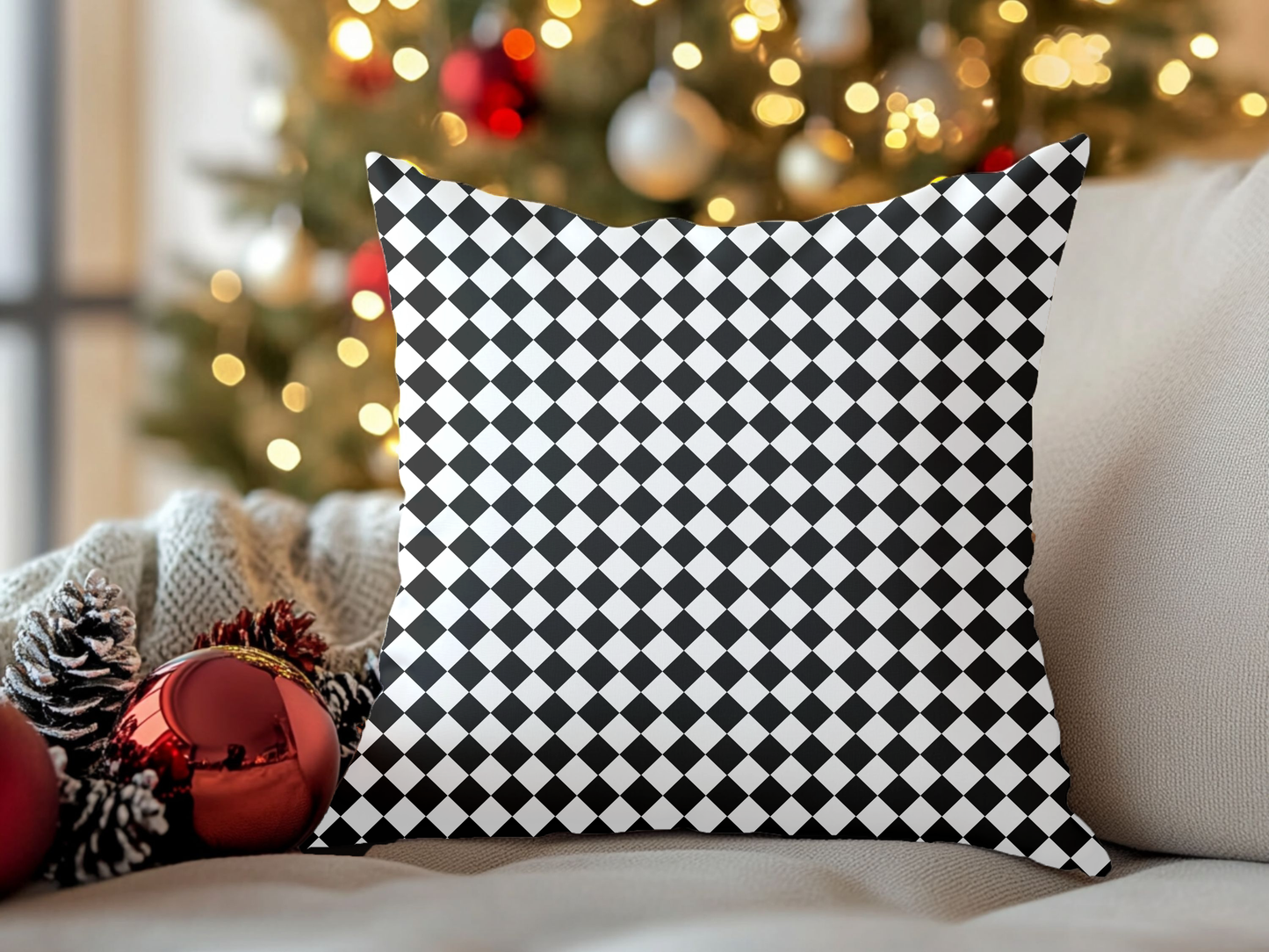 Black & White Argyle Christmas Decorative Pillow | Double‑Sided Poly Canvas Cushion, Vibrant Holiday Décor, 5 Sizes