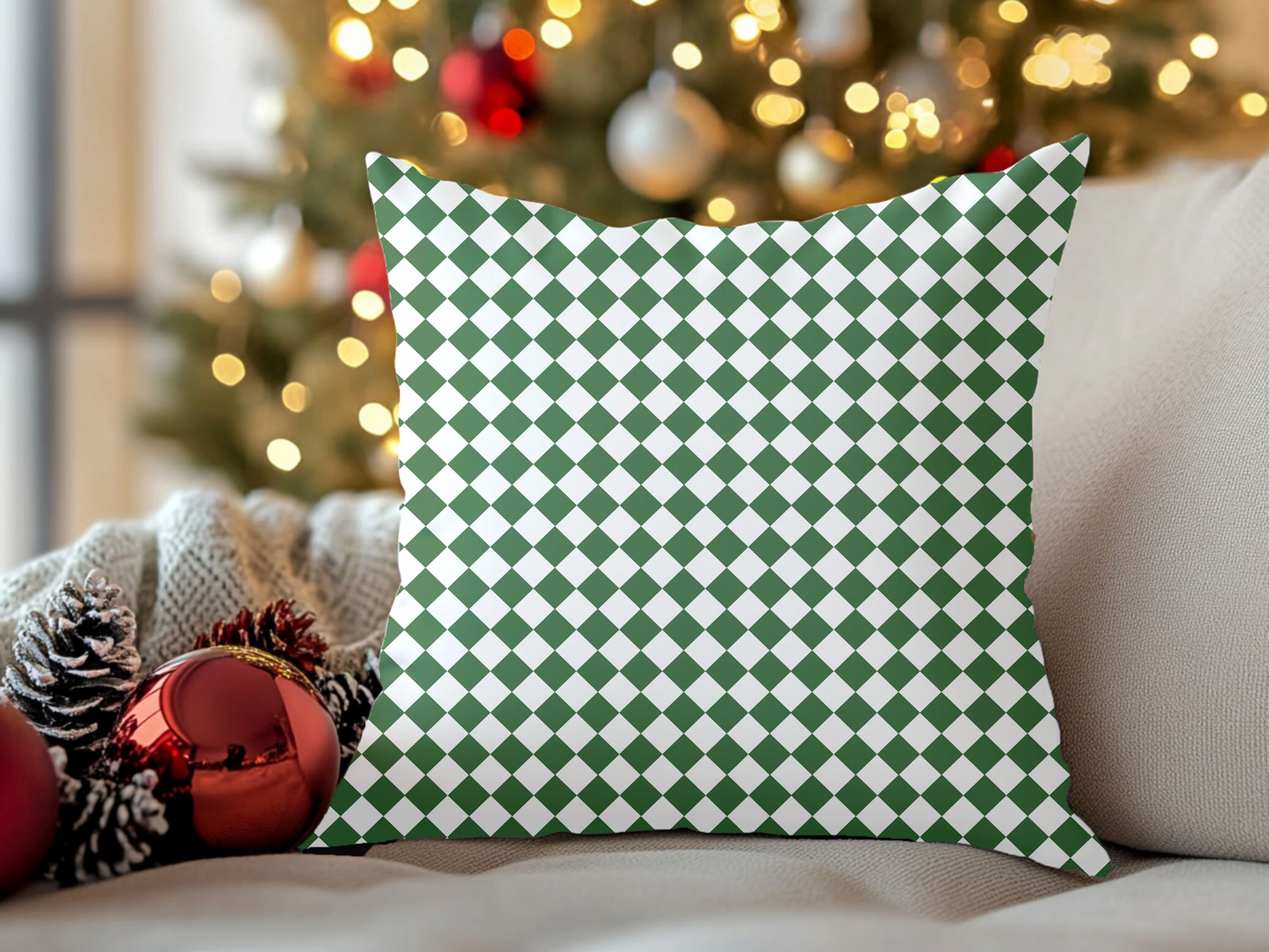 Green & White Argyle Christmas Decorative Pillow | Double Sided Poly Canvas Cushion, Vibrant Holiday Decor, 5 Sizes