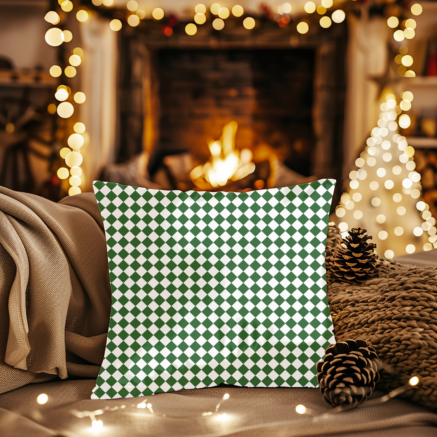 Green & White Argyle Christmas Decorative Pillow | Double Sided Poly Canvas Cushion, Vibrant Holiday Decor, 5 Sizes