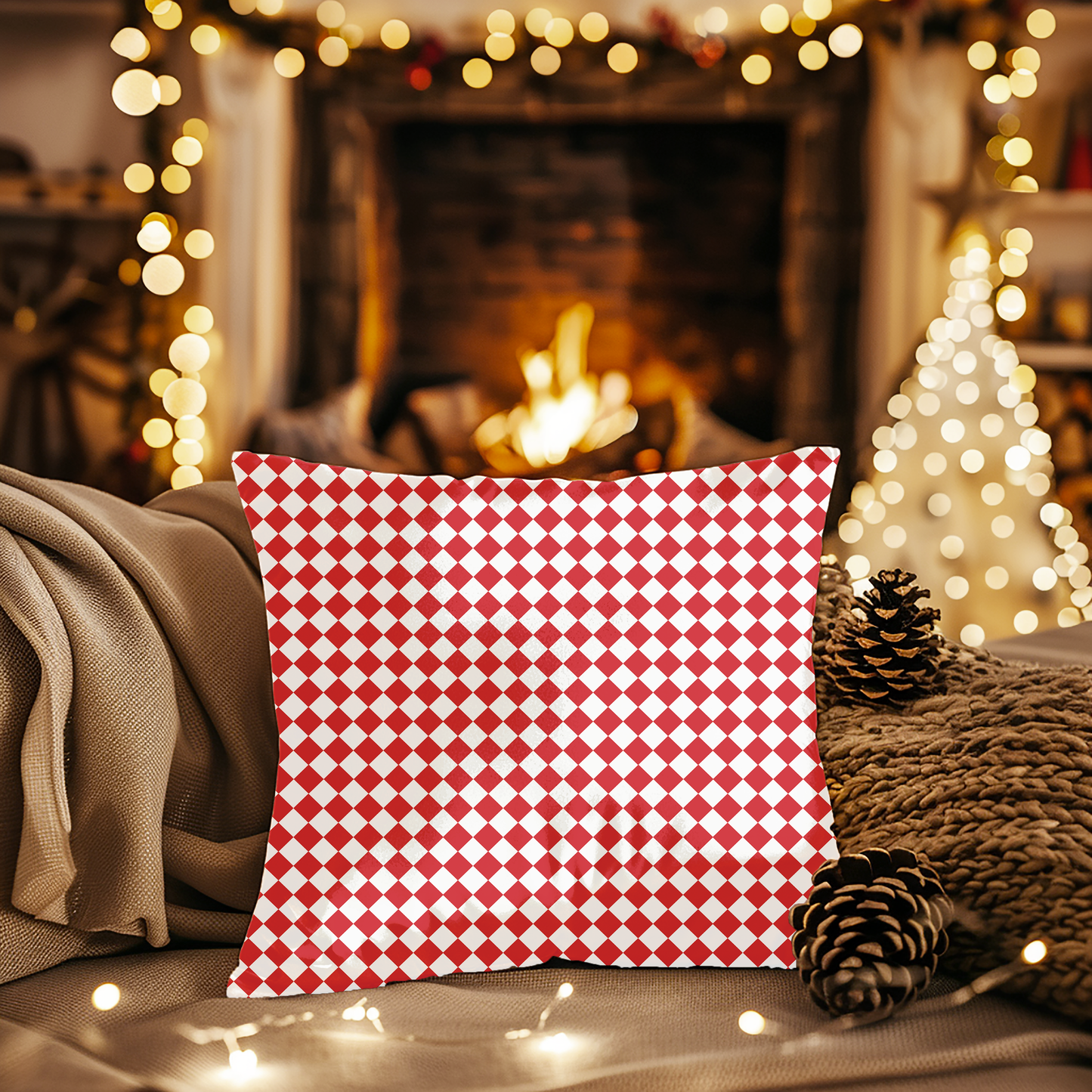 Red & White Argyle Christmas Decorative Pillow | Double‑Sided Poly Canvas Cushion, Vibrant Holiday Décor, 5 Sizes
