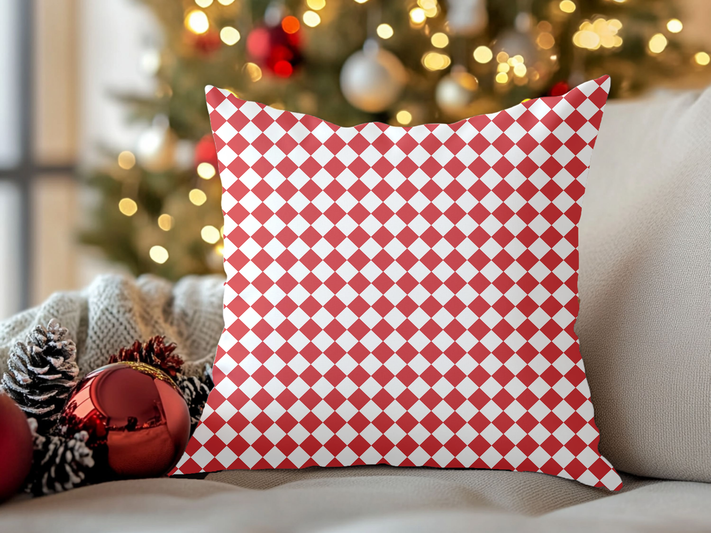 Red & White Argyle Christmas Decorative Pillow | Double‑Sided Poly Canvas Cushion, Vibrant Holiday Décor, 5 Sizes