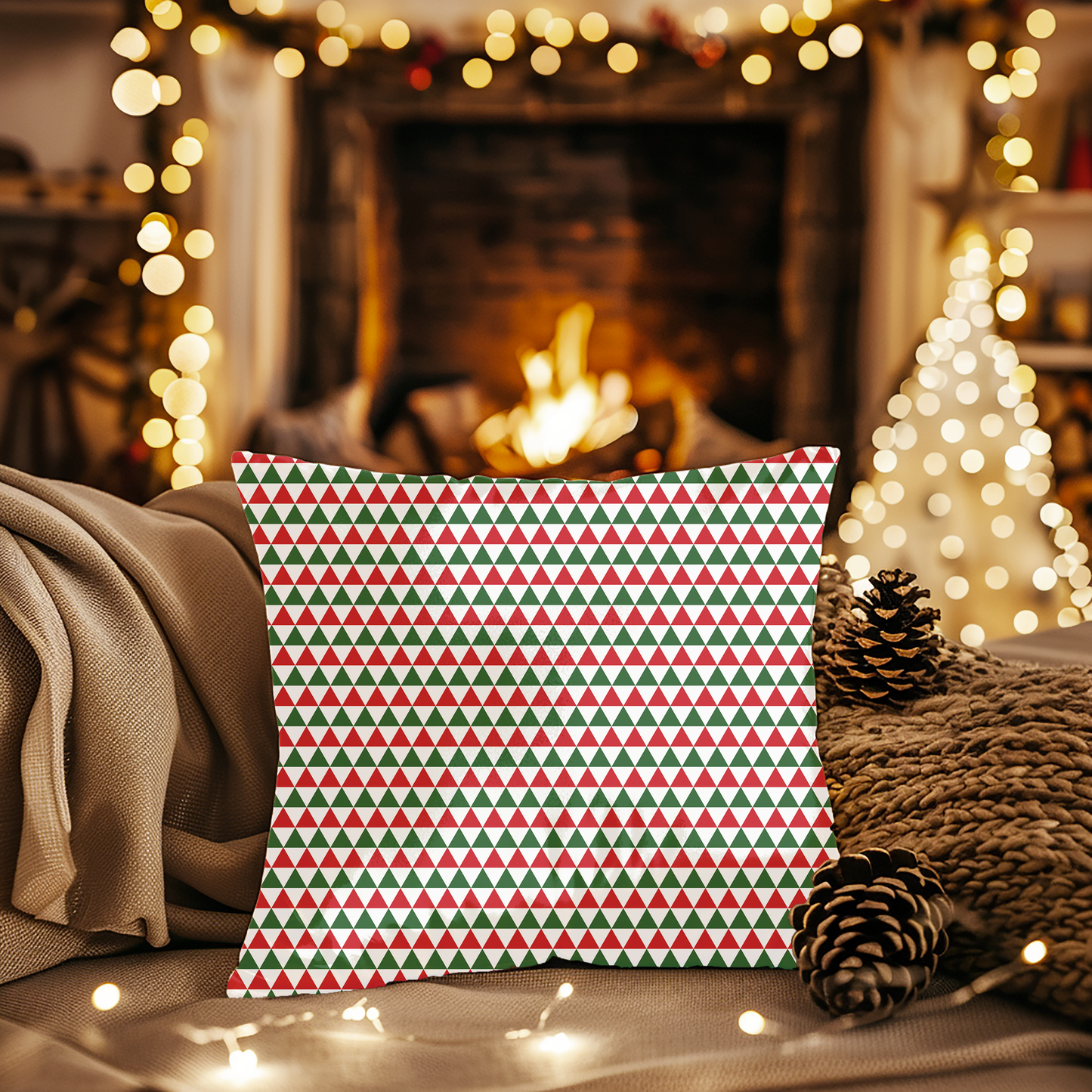 Red & Green Triangle Striped Christmas Decorative Pillow | Double‑Sided Poly Canvas Cushion, 5 Sizes, Vibrant Holiday Décor