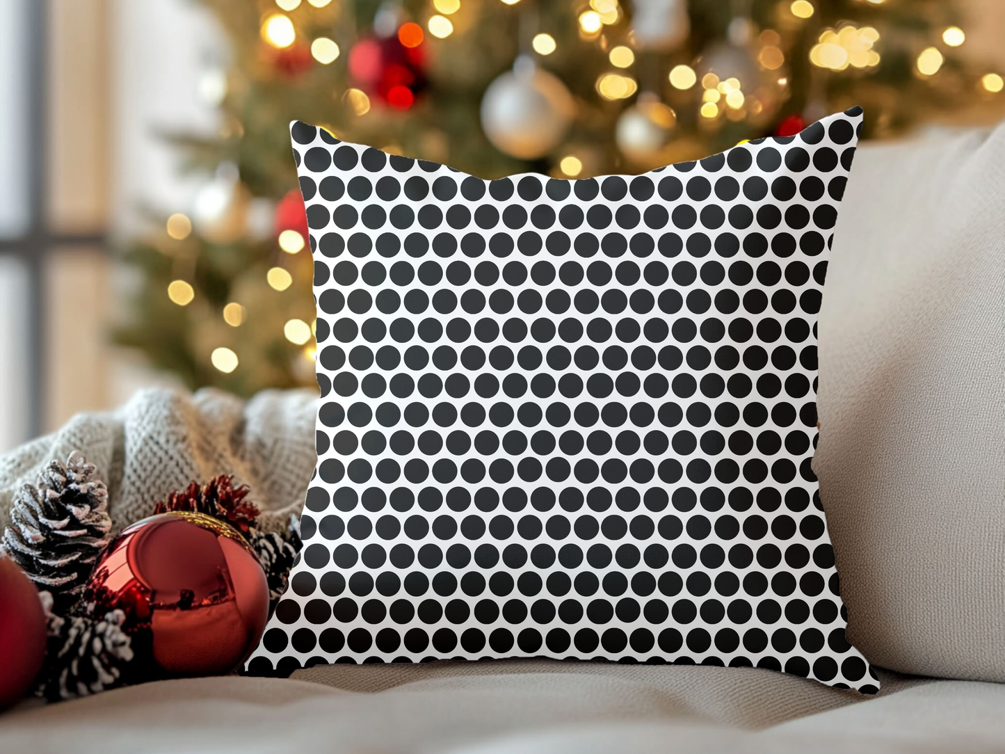Black Polka Dot Christmas Decorative Pillow | Double‑Sided Poly Canvas Cushion, Vibrant Holiday Décor, 5 Sizes