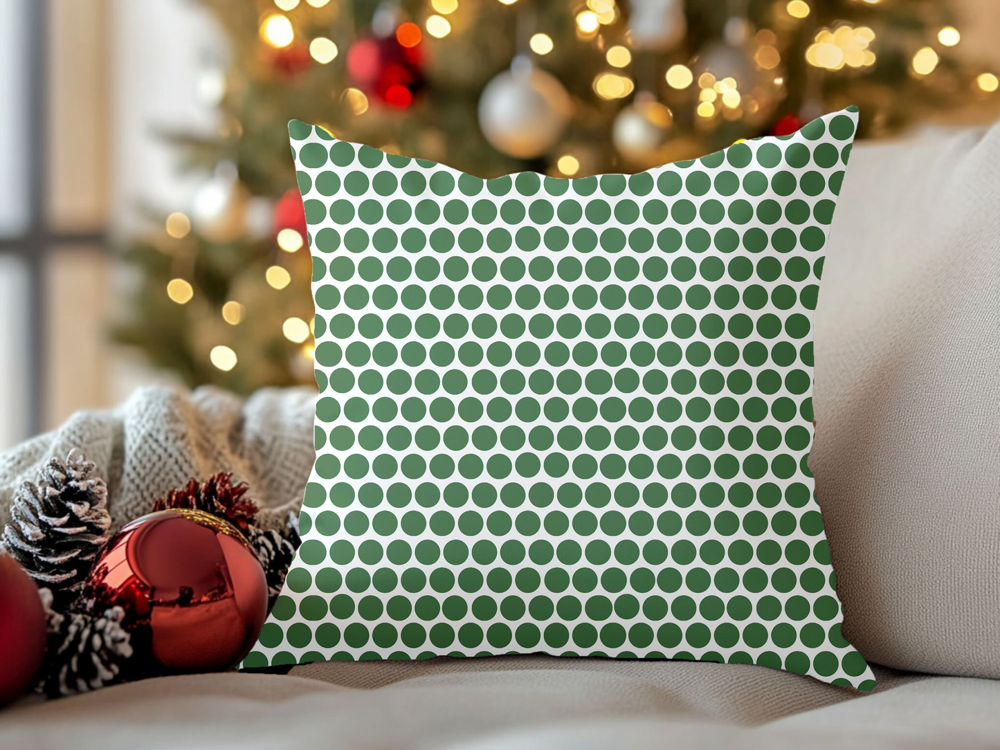 Green Polka Dot Christmas Decorative Pillow | Double‑Sided Poly Canvas Cushion, Vibrant Holiday Décor, 5 Sizes