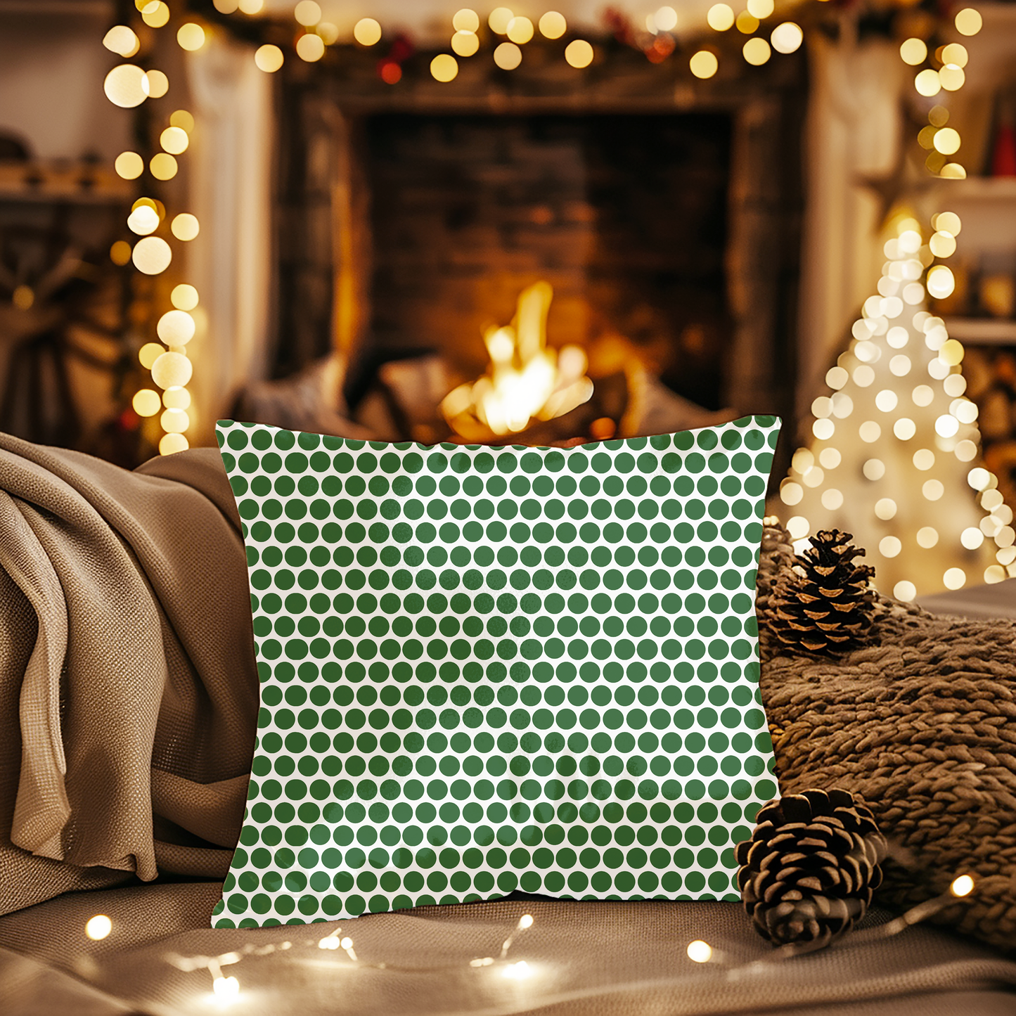 Green Polka Dot Christmas Decorative Pillow | Double‑Sided Poly Canvas Cushion, Vibrant Holiday Décor, 5 Sizes