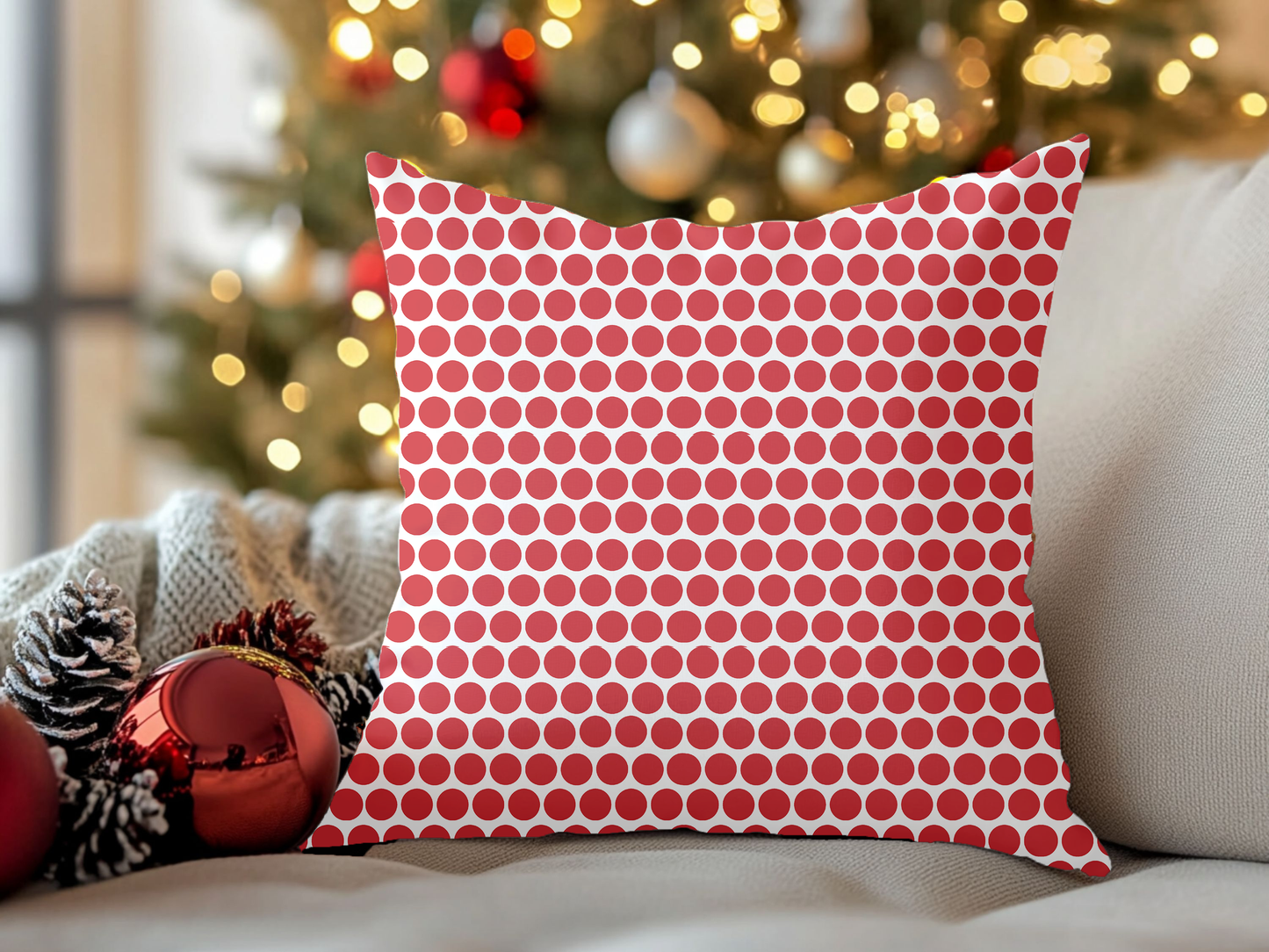 Red Polka Dot Christmas Decorative Pillow | Double‑Sided Poly Canvas Cushion, Vibrant Holiday Décor, 5 Sizes