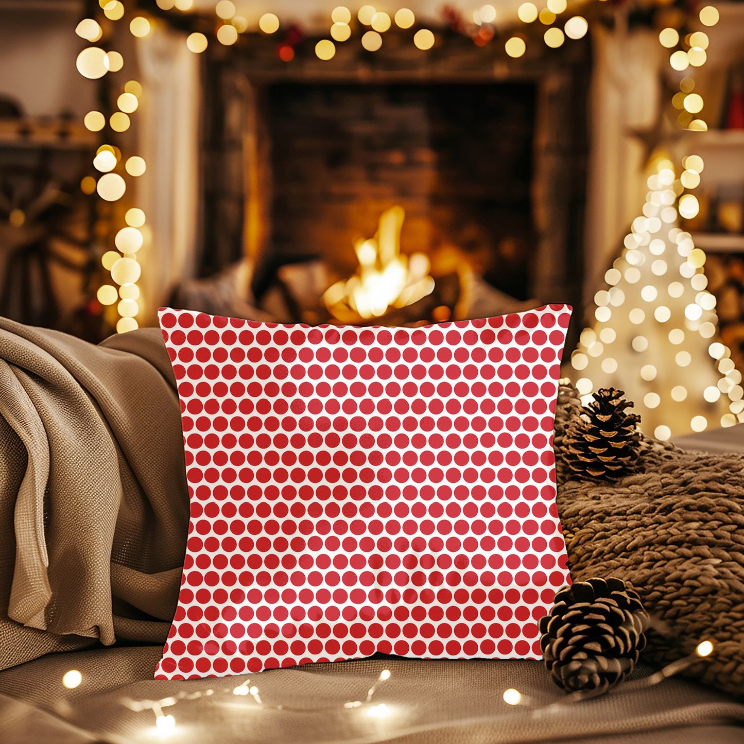 Red Polka Dot Christmas Decorative Pillow | Double‑Sided Poly Canvas Cushion, Vibrant Holiday Décor, 5 Sizes