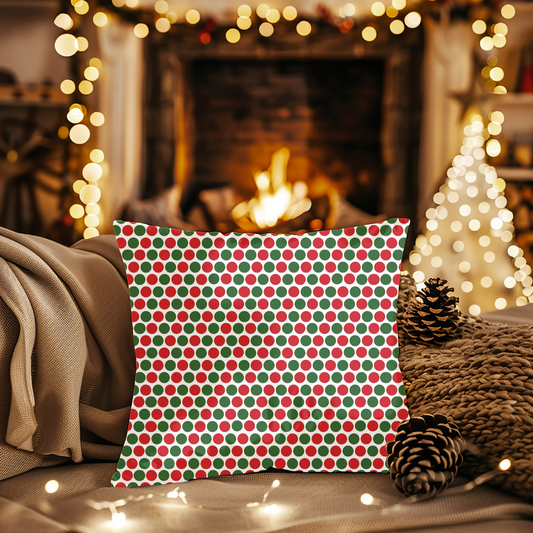 Red & Green Polka Dot Party Christmas Decorative Pillow | Double‑Sided Poly Canvas Cushion, 5 Sizes, Vibrant Holiday Décor