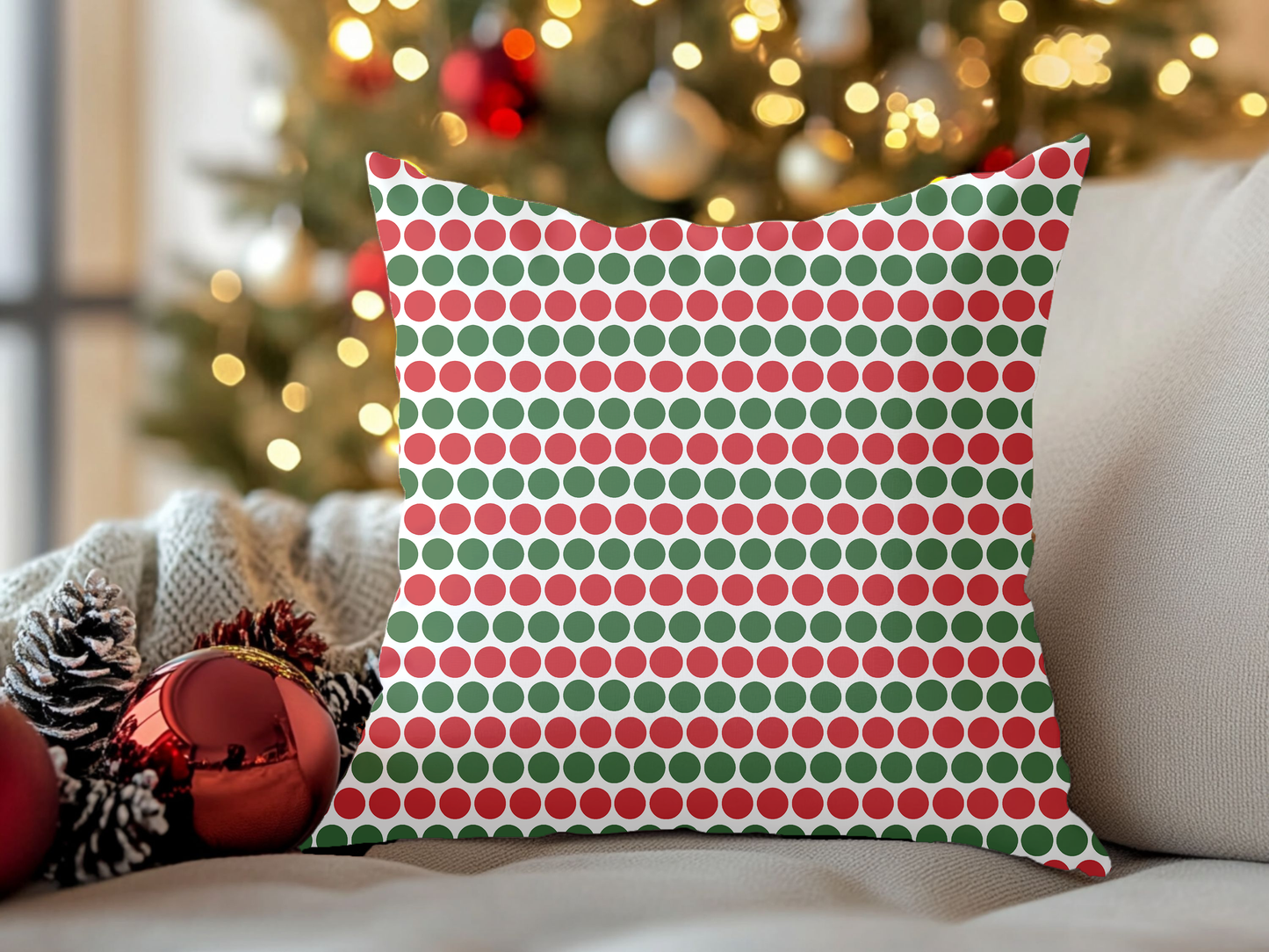 Red & Green Polka Dot Striped Christmas Decorative Pillow | Double‑Sided Poly Canvas Cushion, 5 Sizes, Vibrant Holiday Décor
