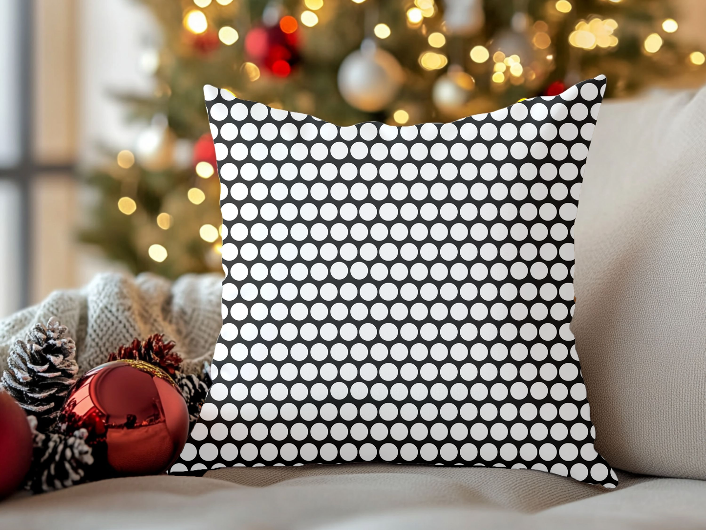 White Polka Dot on Black Christmas Decorative Pillow | Double‑Sided Poly Canvas Cushion, Vibrant Holiday Décor, 5 Sizes