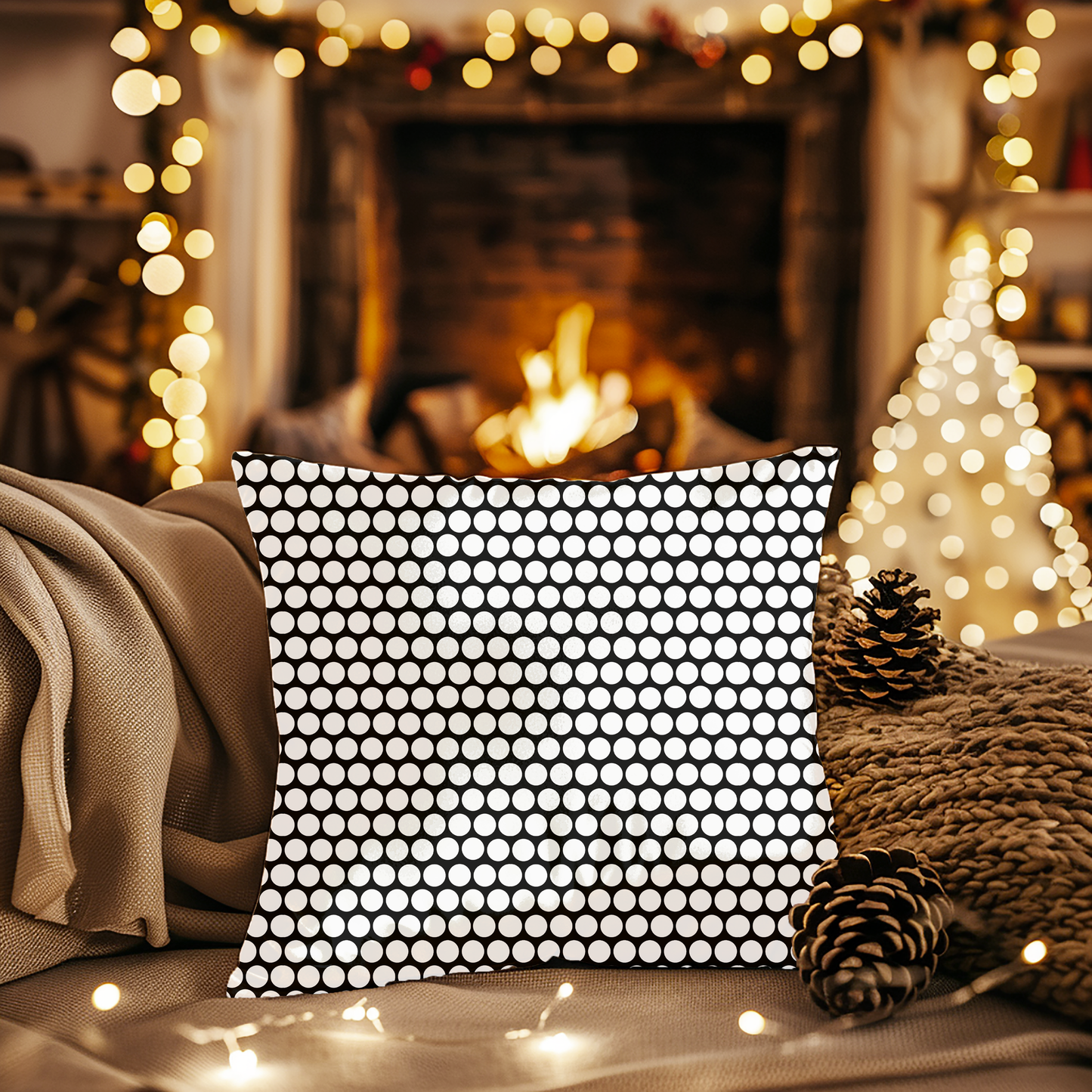 White Polka Dot on Black Christmas Decorative Pillow | Double‑Sided Poly Canvas Cushion, Vibrant Holiday Décor, 5 Sizes