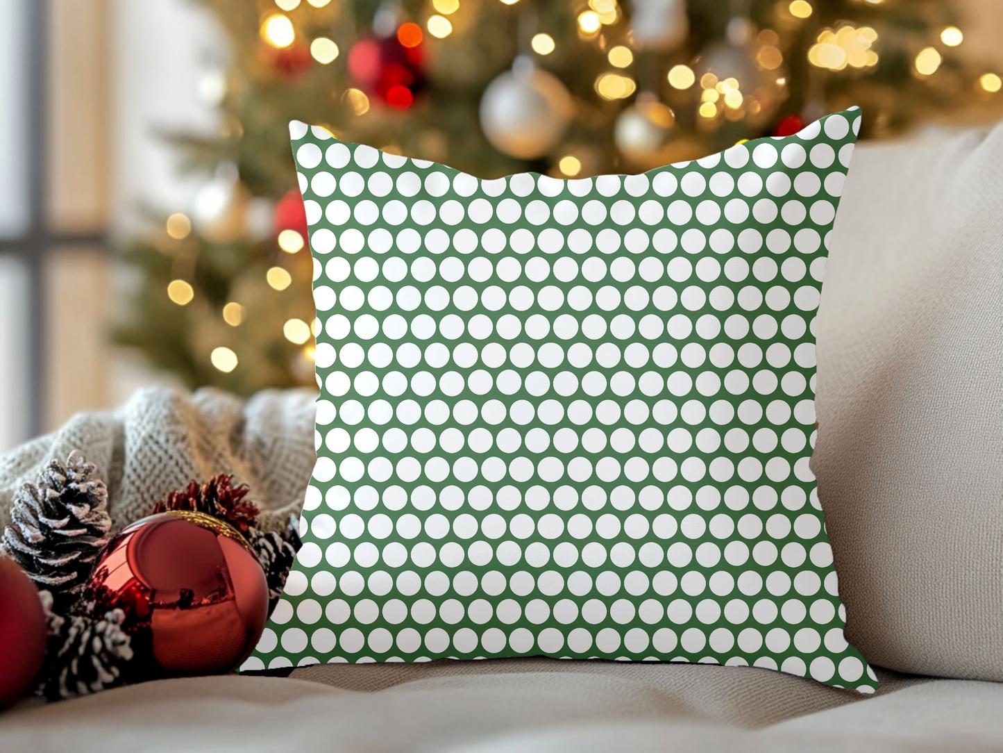 White Polka Dot on Green Christmas Decorative Pillow | Double‑Sided Poly Canvas Cushion, Vibrant Holiday Décor, 5 Sizes