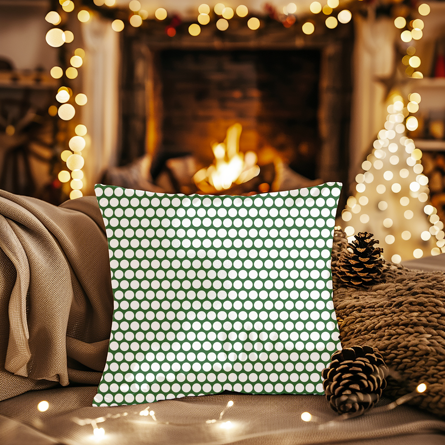 White Polka Dot on Green Christmas Decorative Pillow | Double‑Sided Poly Canvas Cushion, Vibrant Holiday Décor, 5 Sizes