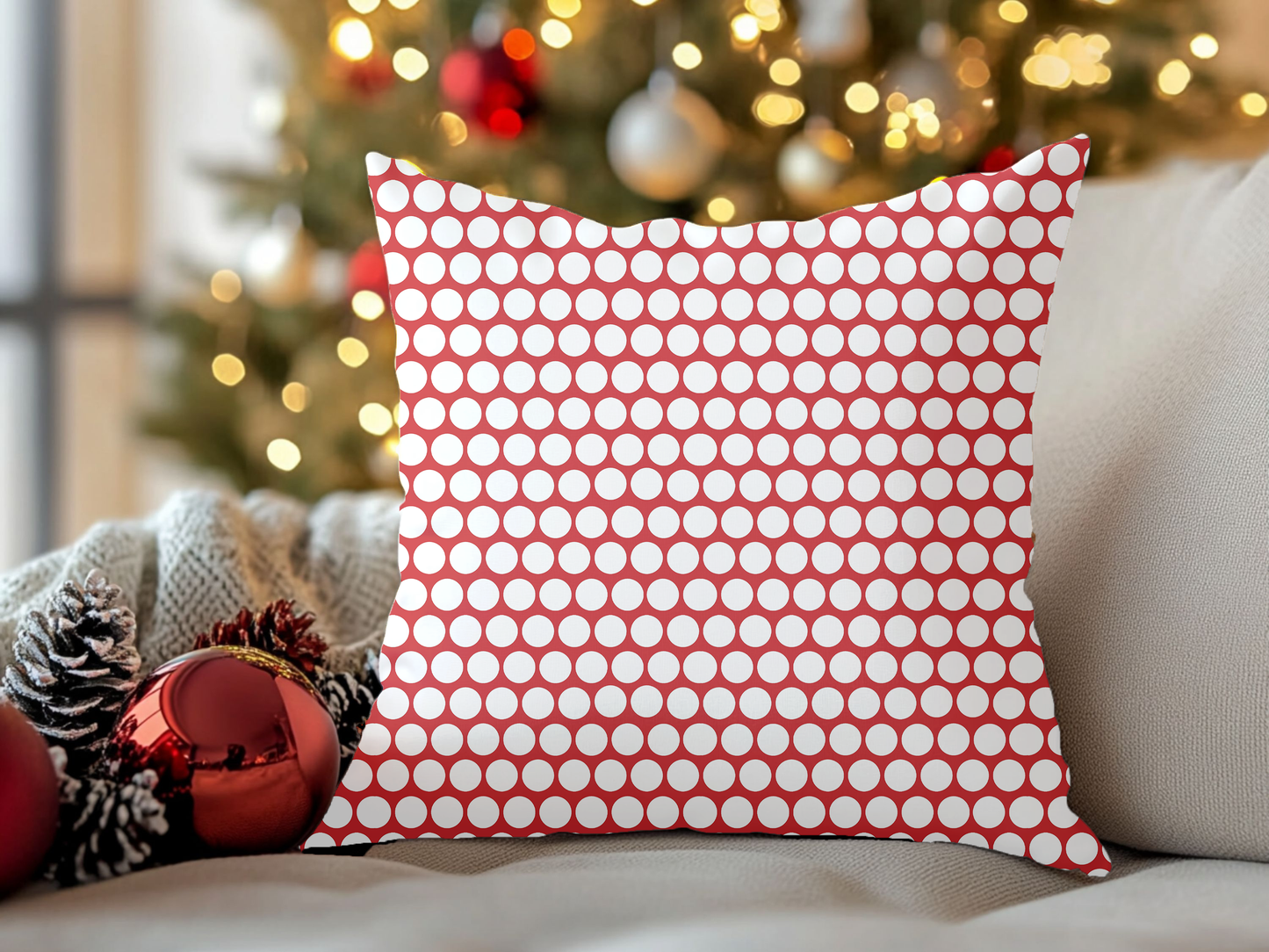 White Polka Dot on Red Christmas Decorative Pillow | Double‑Sided Poly Canvas Cushion, Vibrant Holiday Décor, 5 Sizes