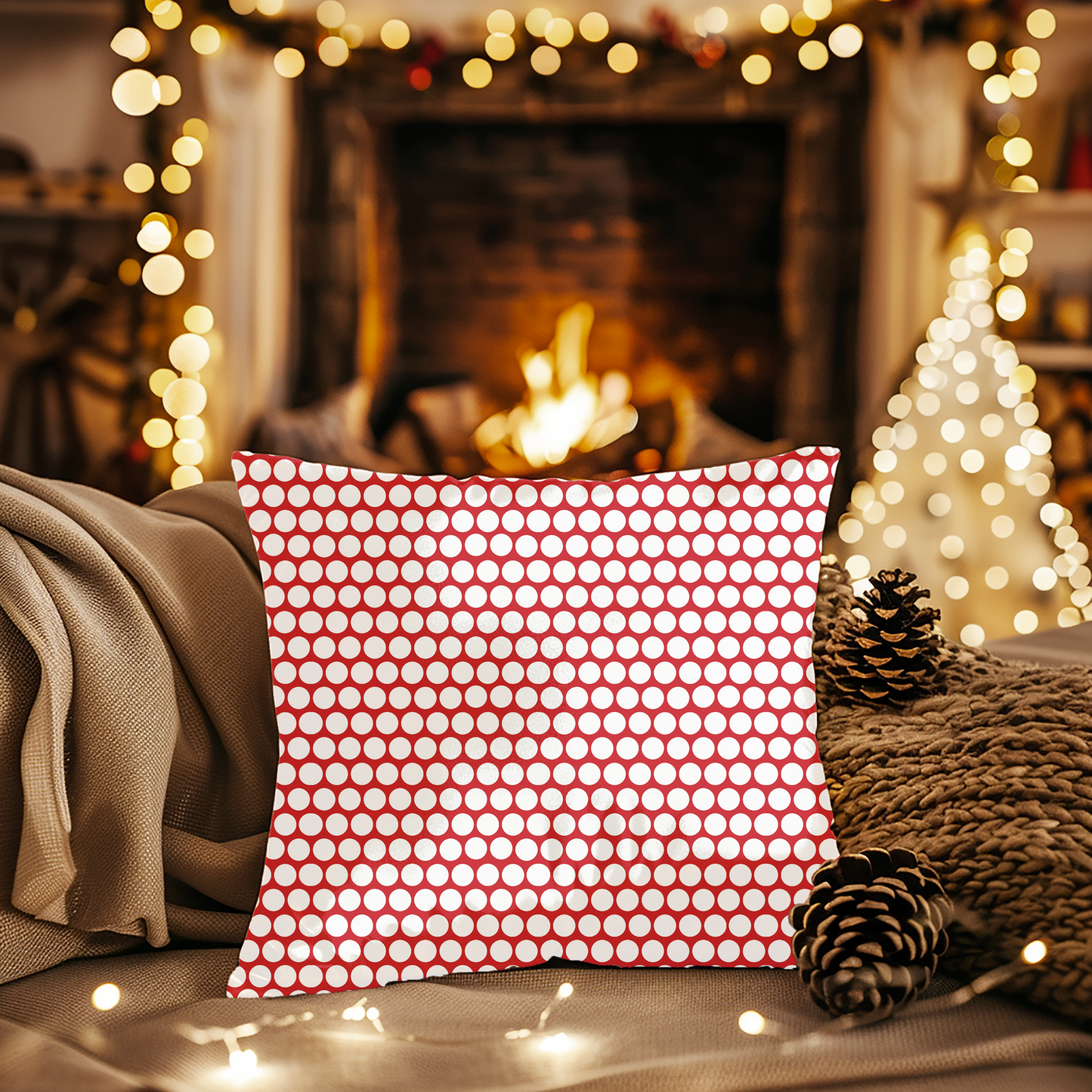 White Polka Dot on Red Christmas Decorative Pillow | Double‑Sided Poly Canvas Cushion, Vibrant Holiday Décor, 5 Sizes