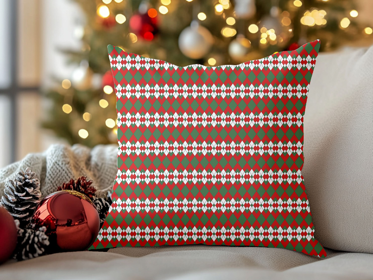 Extra Argyle Christmas Decorative Pillow | Double‑Sided Poly Canvas Cushion, Vibrant Holiday Décor, 5 Sizes