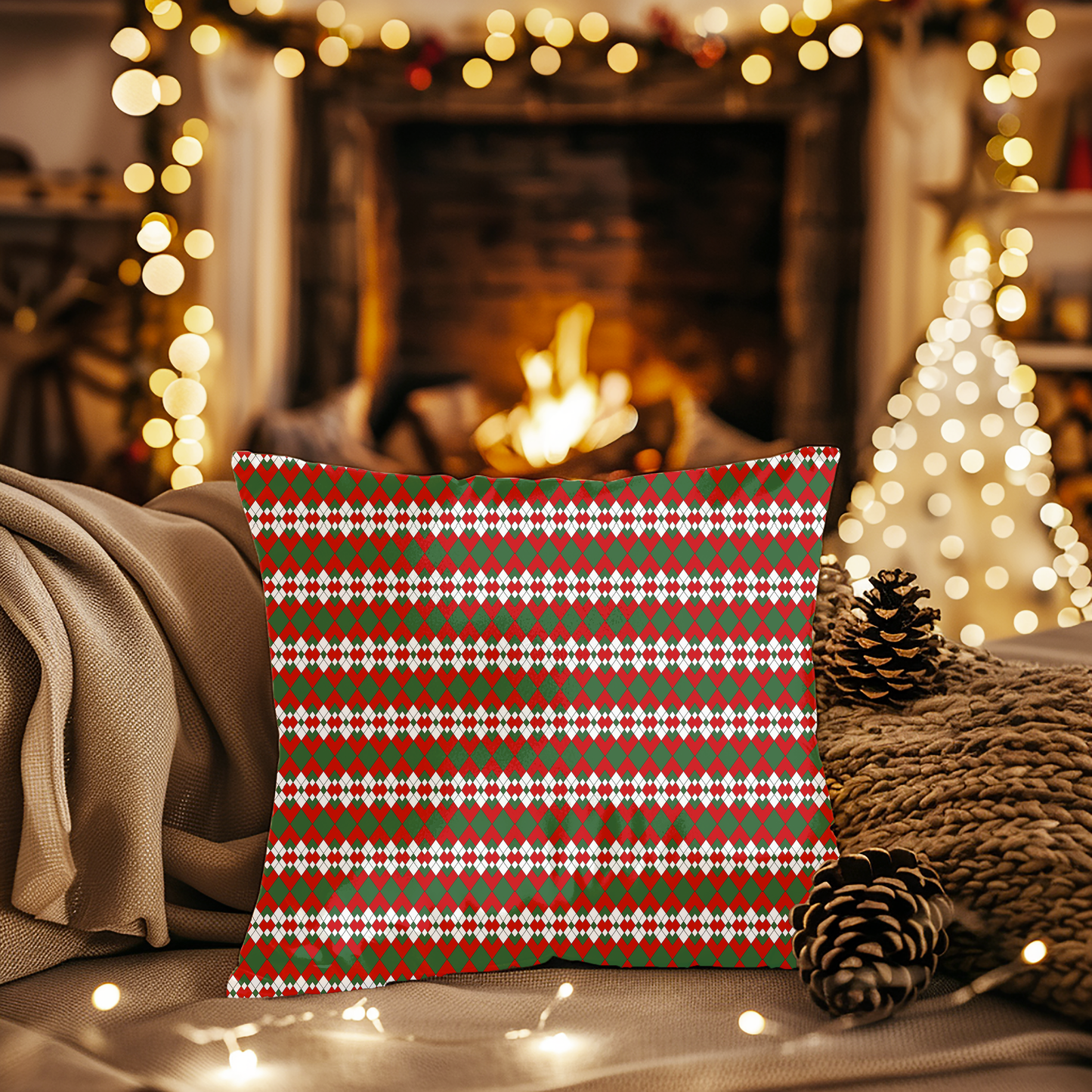 Extra Argyle Christmas Decorative Pillow | Double‑Sided Poly Canvas Cushion, Vibrant Holiday Décor, 5 Sizes
