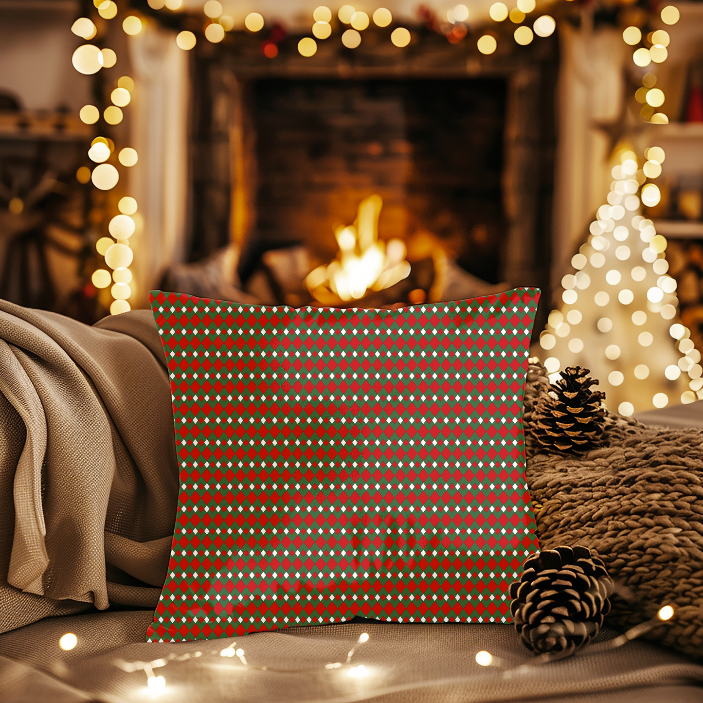 Fancy Argyle Christmas Decorative Pillow | Double‑Sided Poly Canvas Cushion, Vibrant Holiday Décor, 5 Sizes
