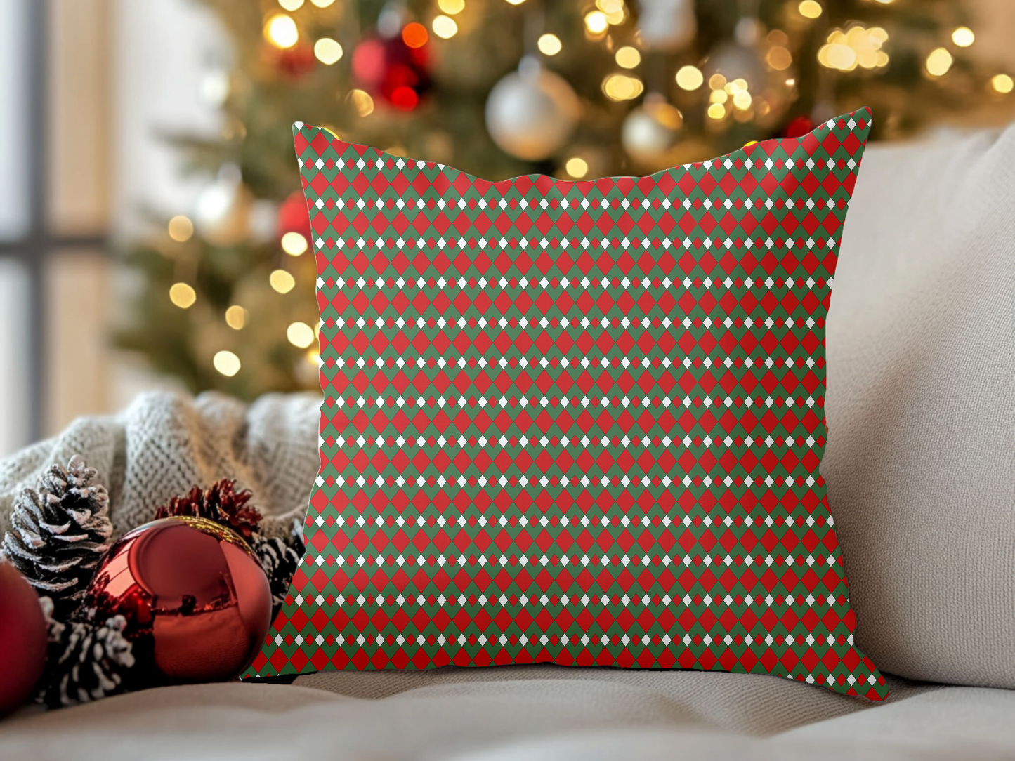 Fancy Argyle Christmas Decorative Pillow | Double‑Sided Poly Canvas Cushion, Vibrant Holiday Décor, 5 Sizes
