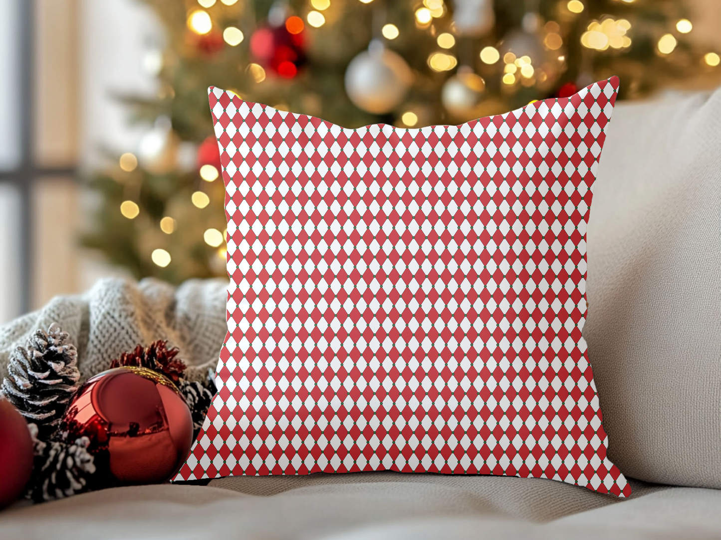 Nutcracker Drummer Red Argyle Christmas Decorative Pillow | Double‑Sided Poly Canvas Cushion, 5 Sizes, Vibrant Holiday Décor