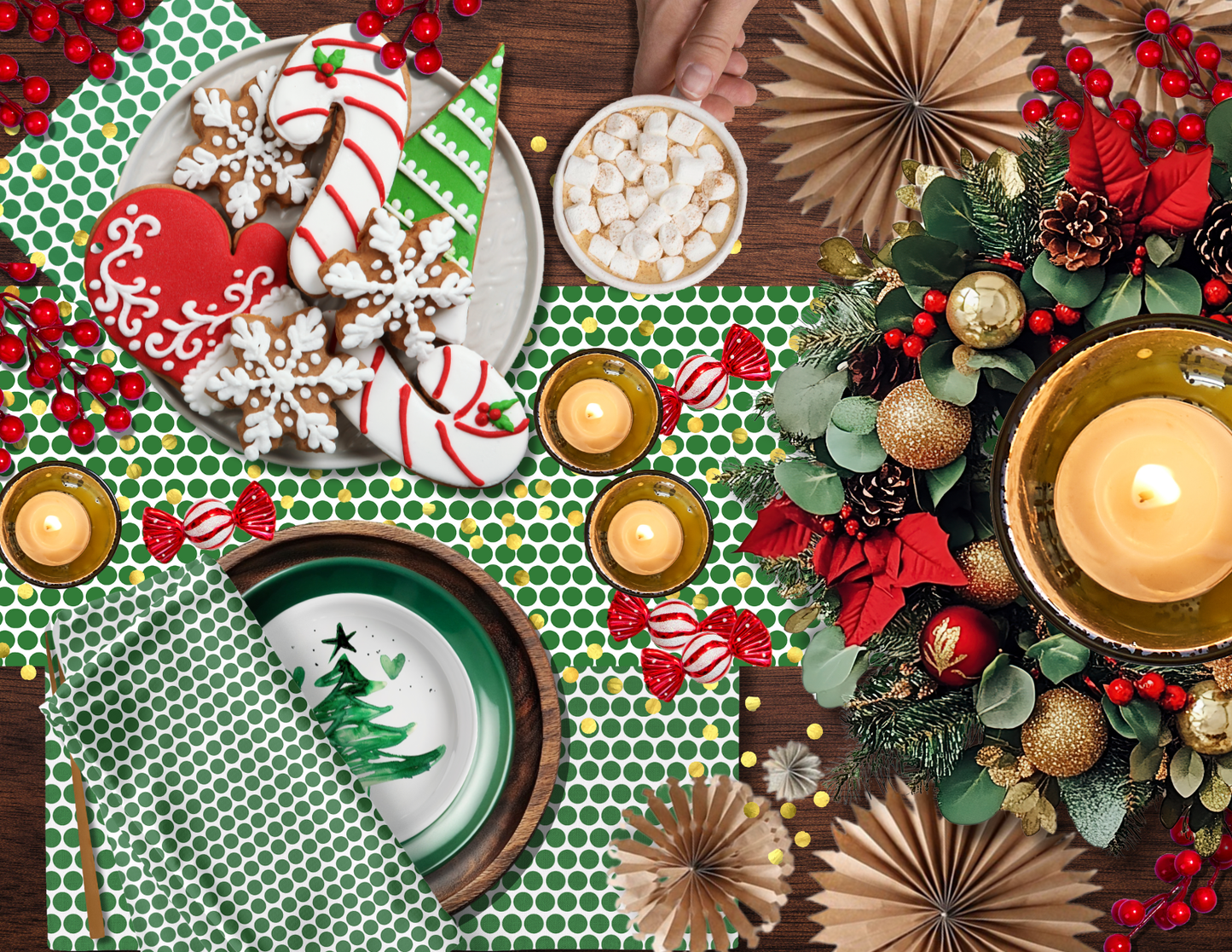 Green Polka Dot Polyester Napkins | Christmas Holiday Cloth Napkin Set, Festive Farmhouse Dining Décor