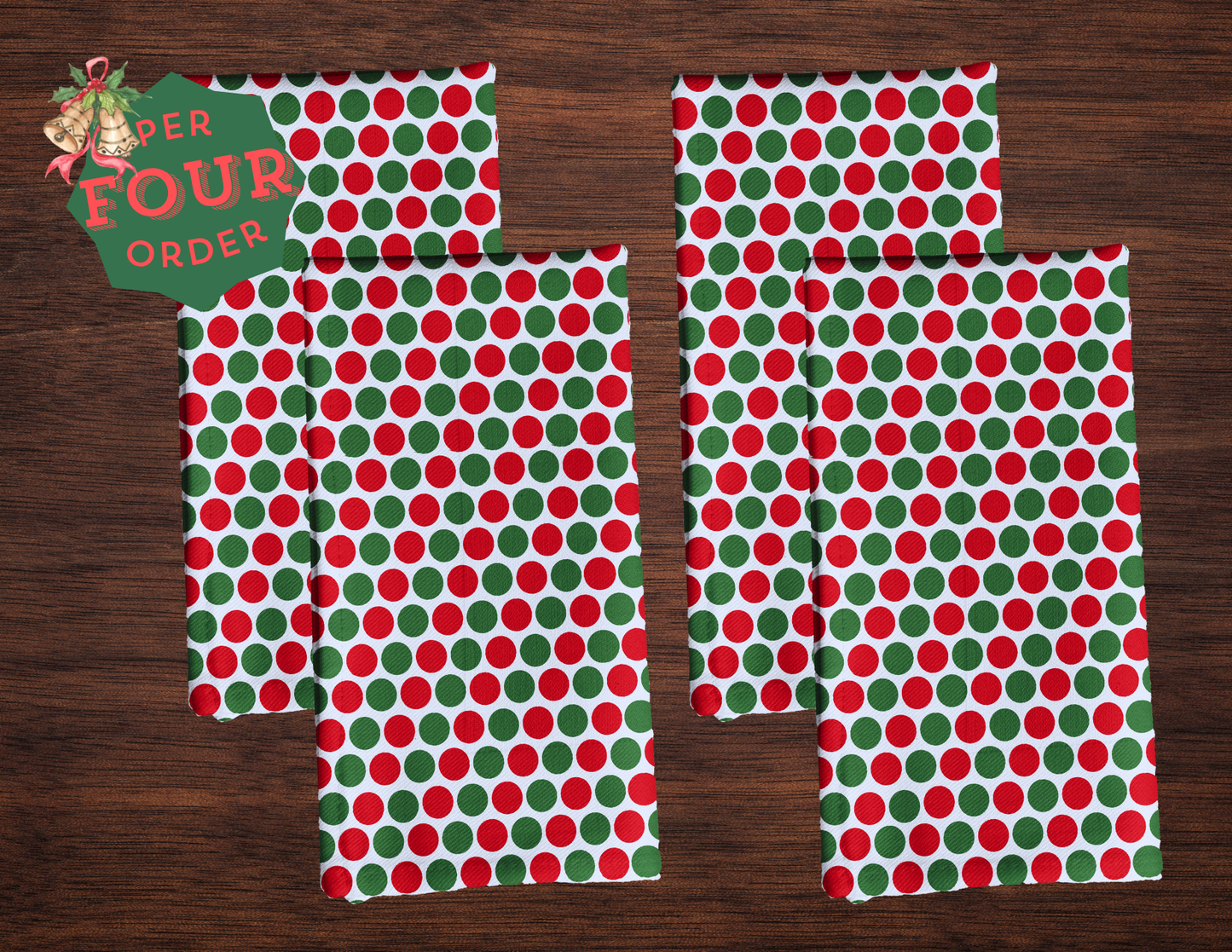 Red & Green Polka Dot Party Polyester Napkins | Christmas Holiday Cloth Napkin Set, Festive Scattered Dots Décor