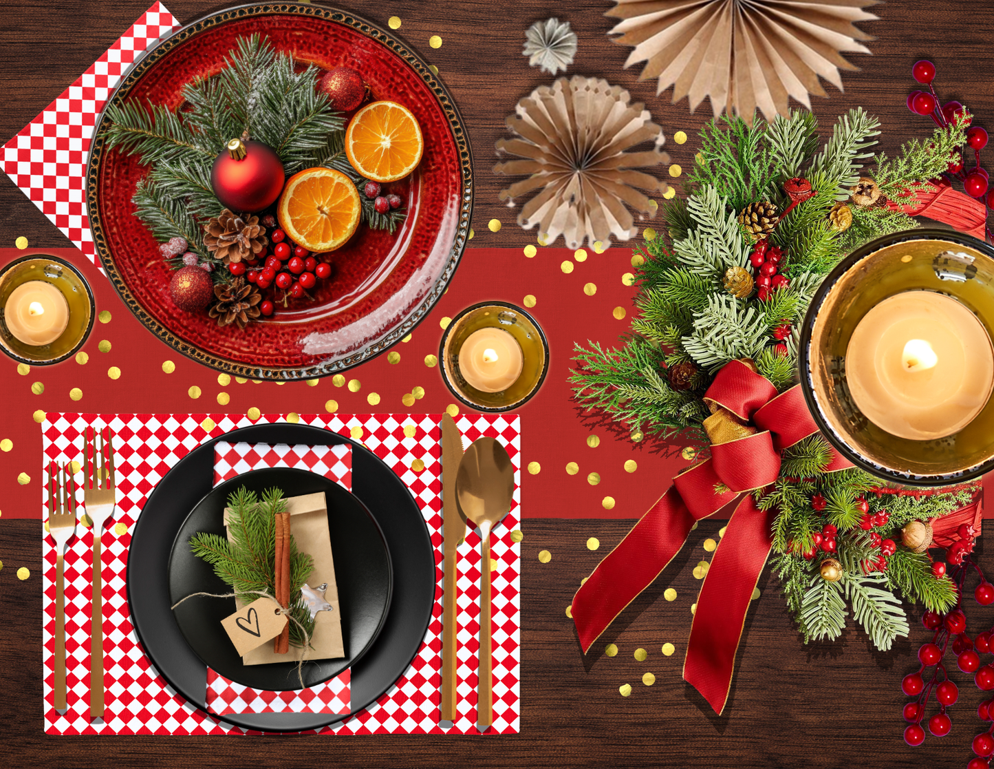 Red & White Argyle Polyester Placemats | Christmas Holiday Cloth Dining Mat Set, Festive Diamond Check Décor