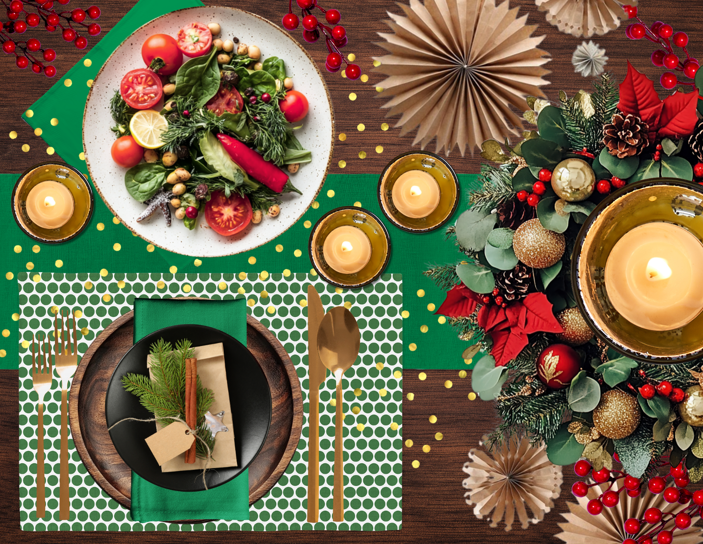 Green Holiday Napkin Set | 4 Washable Cloth Napkins, Festive Christmas Table Decor