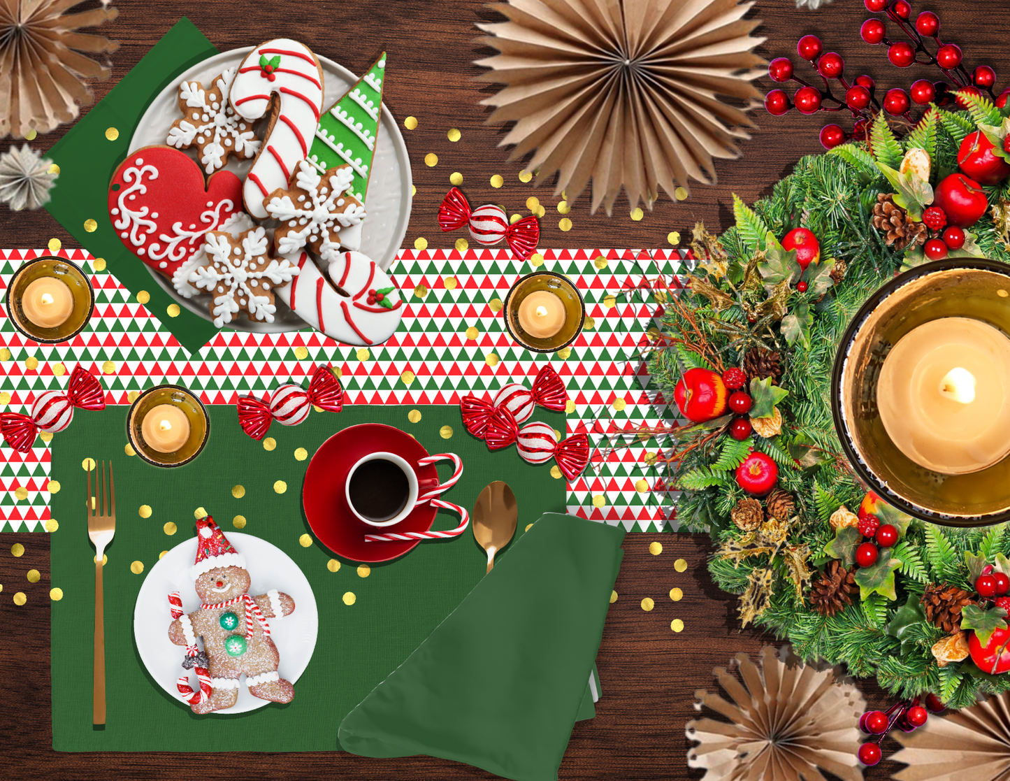 Striped Red & Green Triangle Christmas Table Runner | Rustic Holiday Dining Room Décor, Festive Geometric Farmhouse Accent