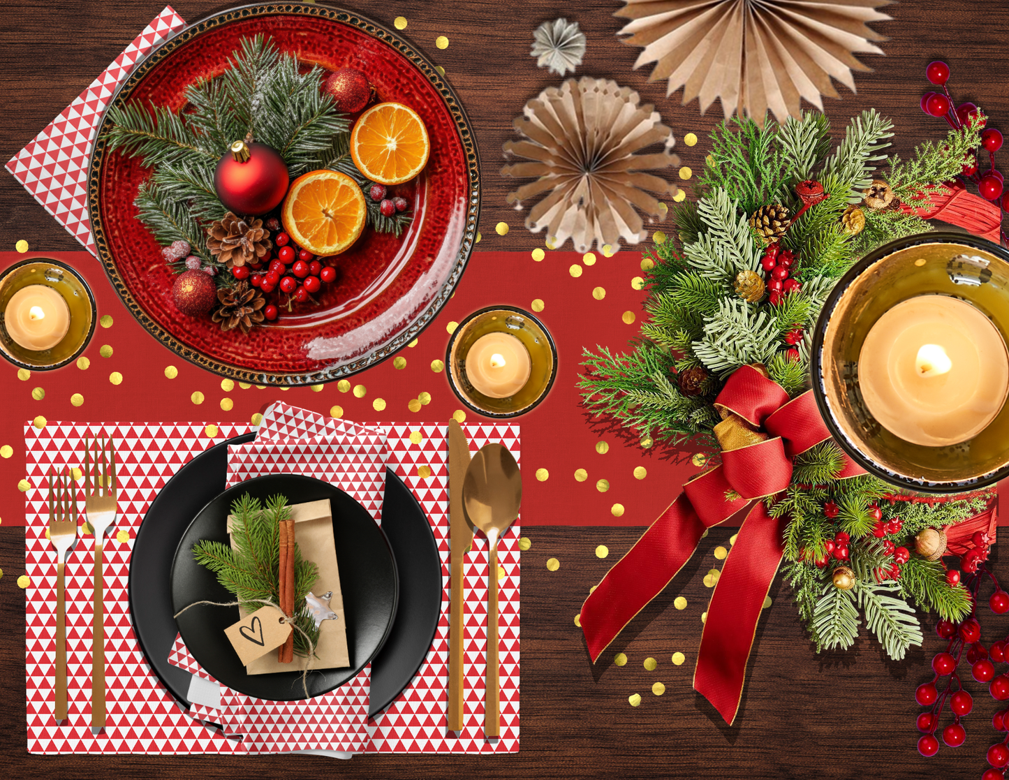 Red Triangle Polyester Napkins | Festive Christmas Holiday Cloth Napkin Set, Rustic Farmhouse Bold Dining Décor