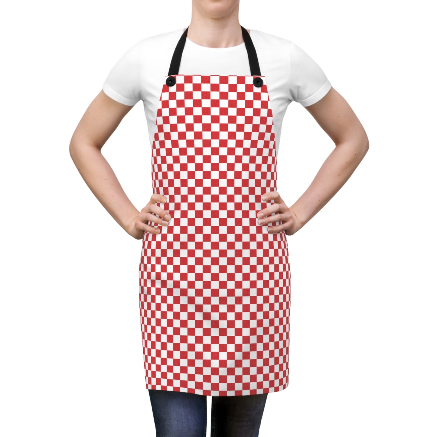 Red & White Check Holiday Apron | Lightweight 100% Polyester Twill, Detachable Black Twill Straps