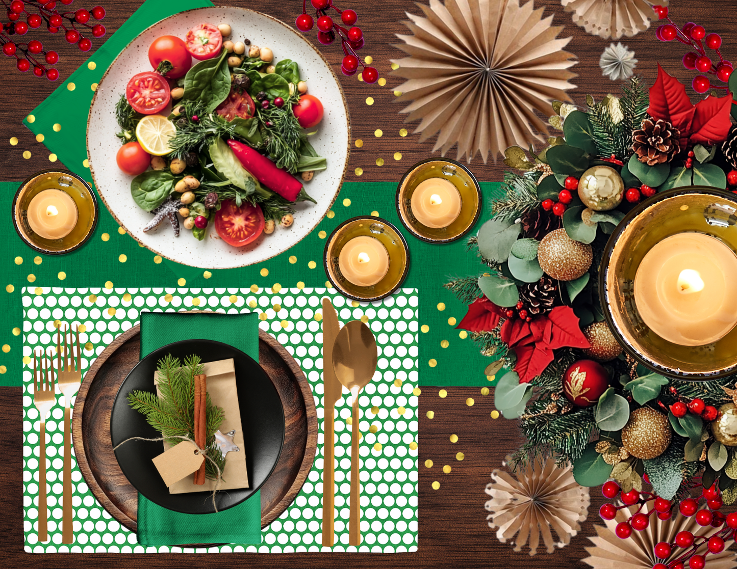 Green Holiday Napkin Set | 4 Washable Cloth Napkins, Festive Christmas Table Decor