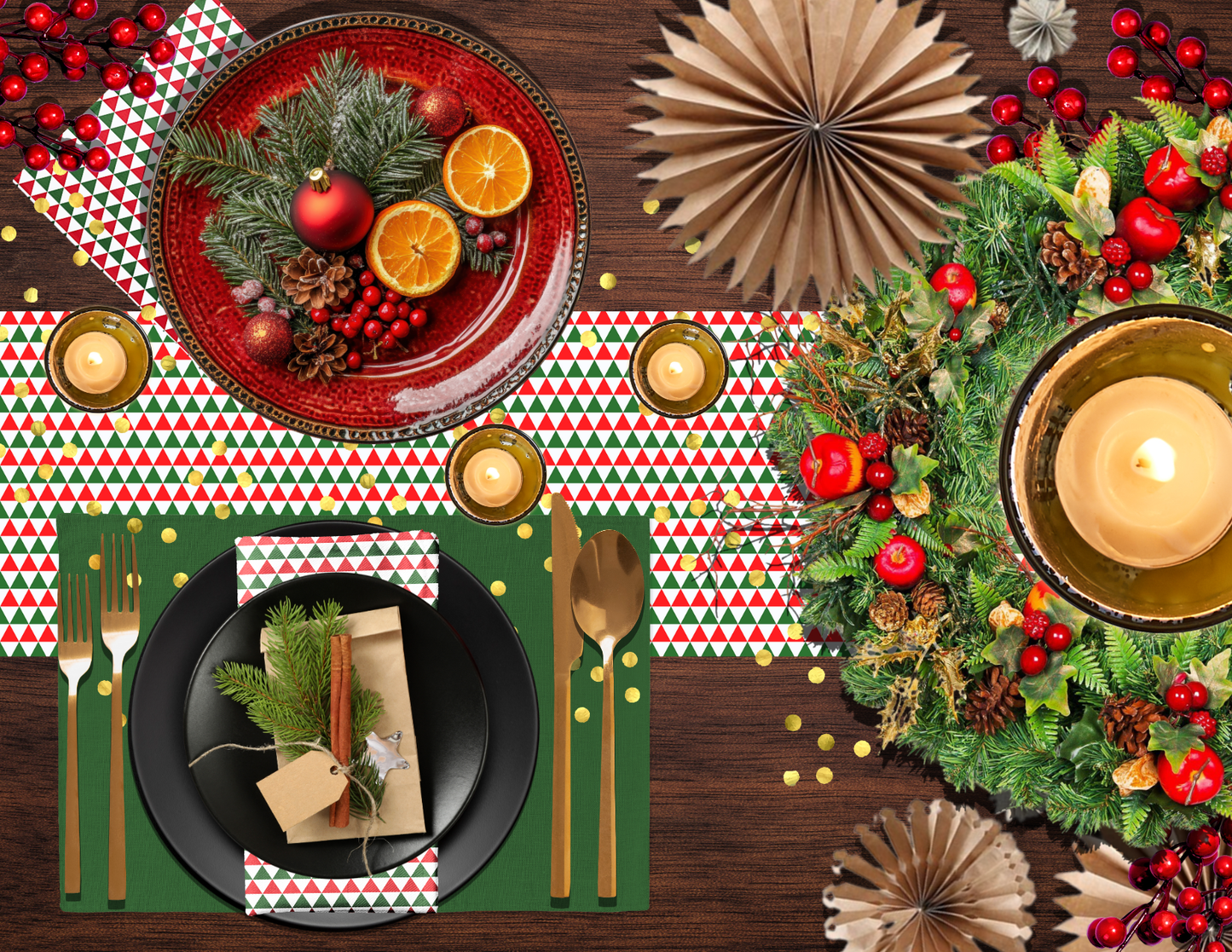 Striped Red & Green Triangle Christmas Table Runner | Rustic Holiday Dining Room Décor, Festive Geometric Farmhouse Accent