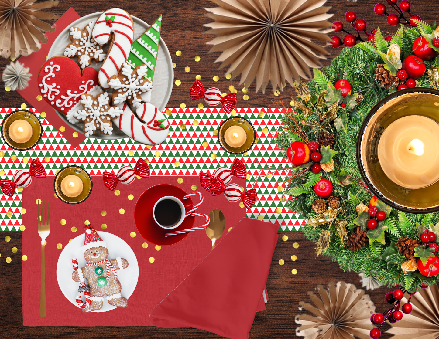 Striped Red & Green Triangle Christmas Table Runner | Rustic Holiday Dining Room Décor, Festive Geometric Farmhouse Accent