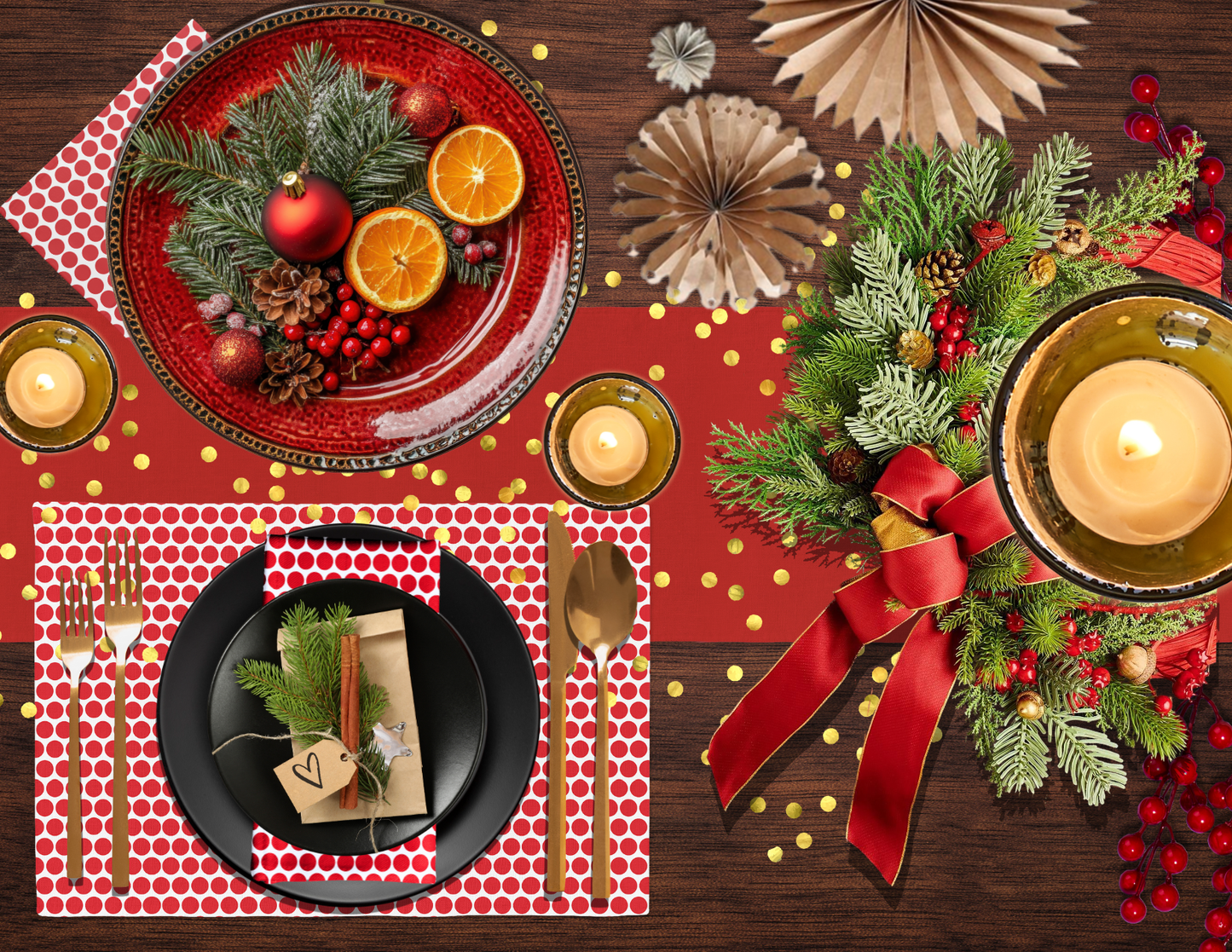 Red Polka Dot Polyester Placemats | Christmas Holiday Dining Décor, Bold Festive Farmhouse Washable Table Mat Set