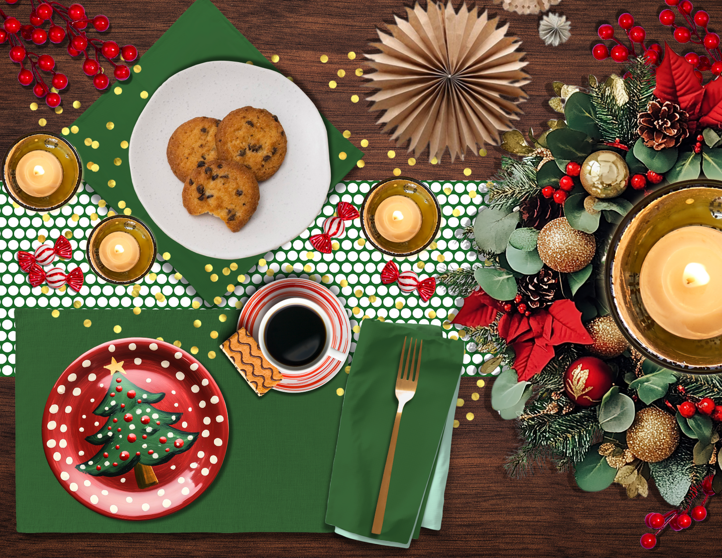 Green Holiday Placemat Set | 4 Washable Placemats, Festive Christmas Dining Table Decor