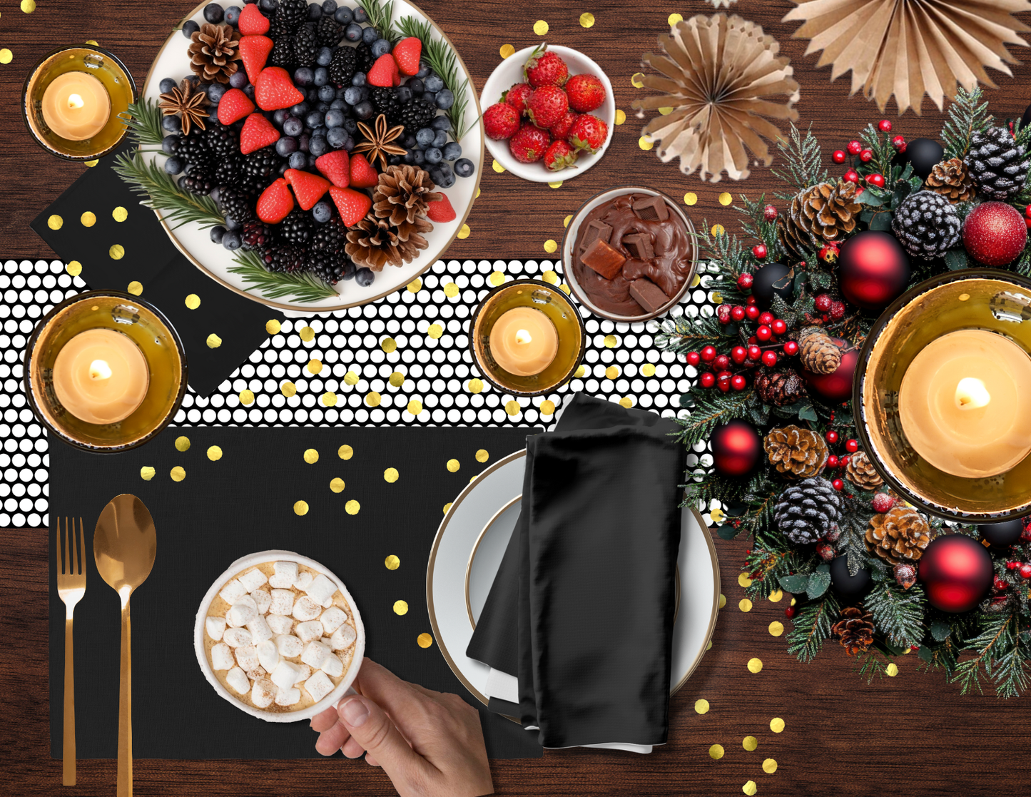 Black Holiday Napkin Set | 4 Washable Cloth Napkins, Elegant Christmas Table Decor