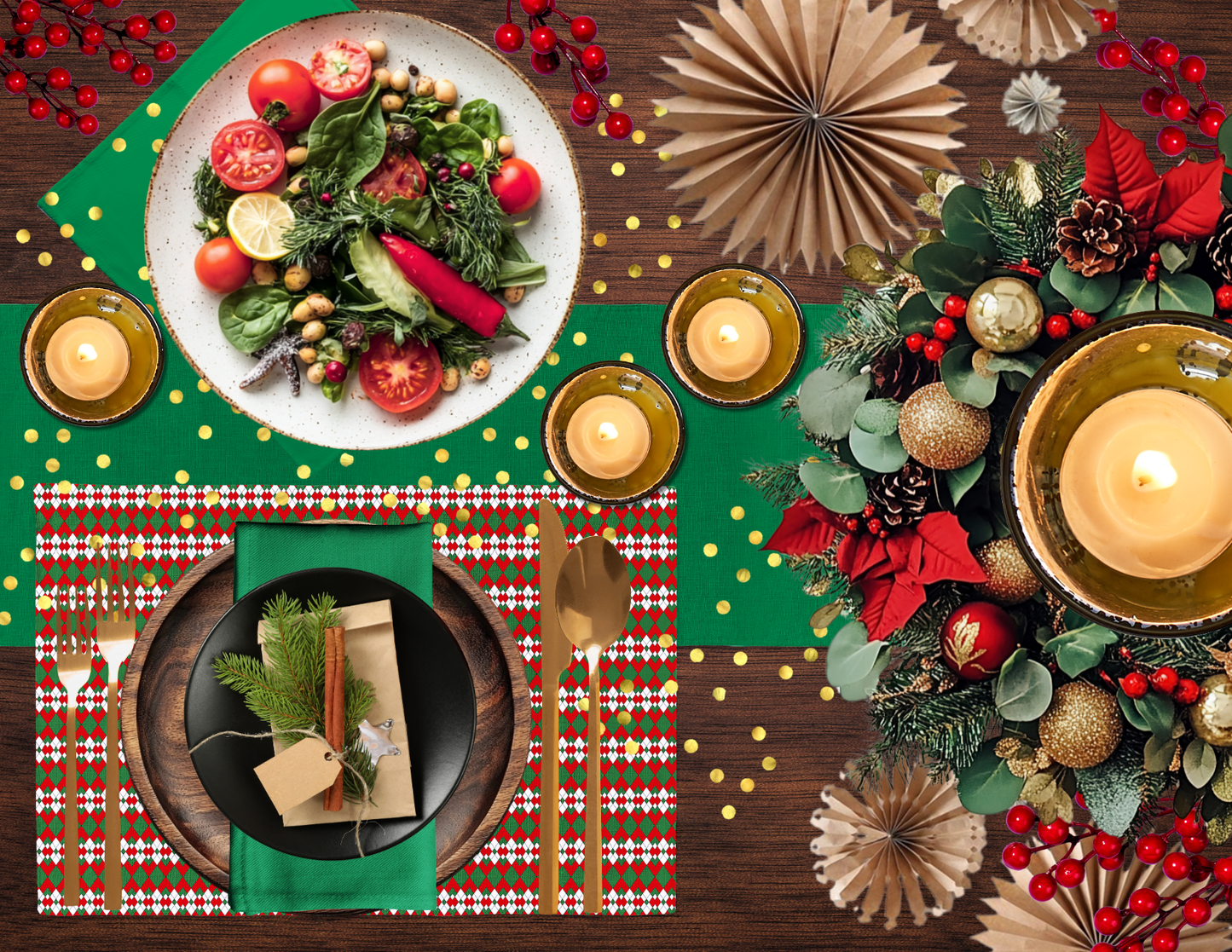 Green Holiday Napkin Set | 4 Washable Cloth Napkins, Festive Christmas Table Decor